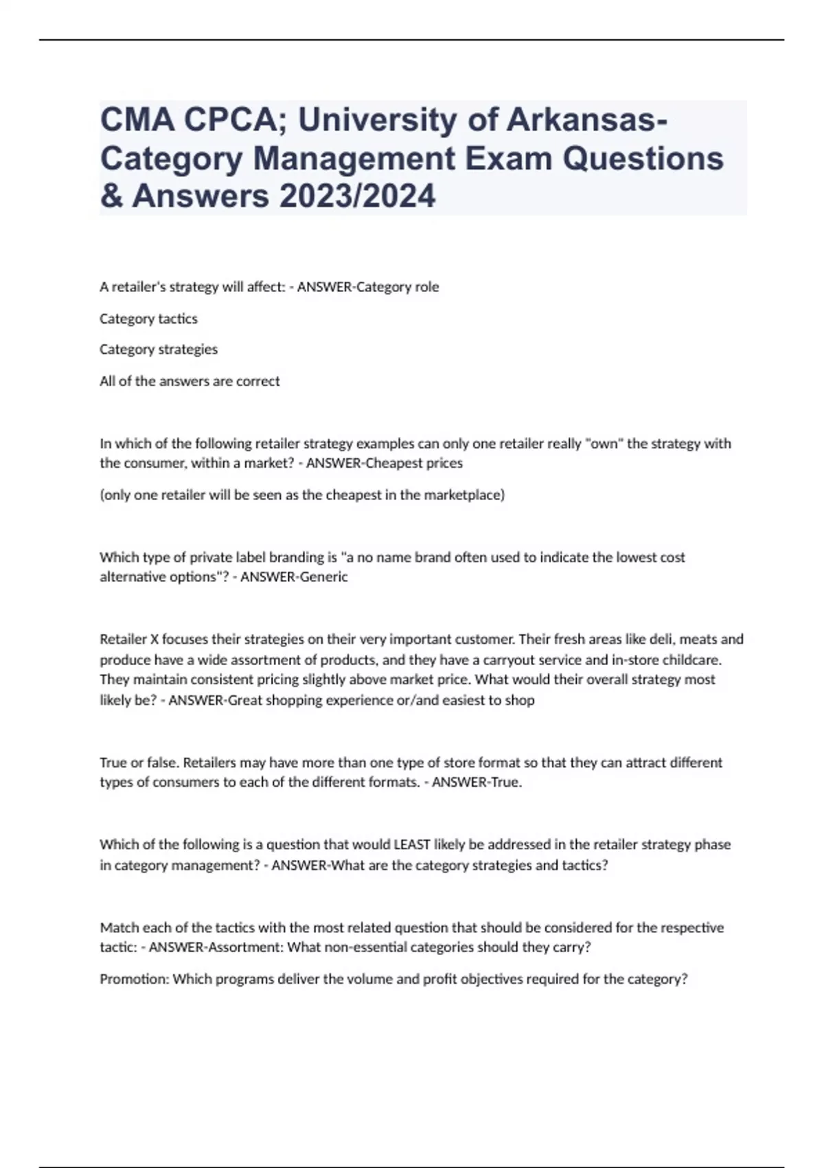 Cma Example Questions CMA CPCA; University of Arkansas- Category Management Exam Questions ...