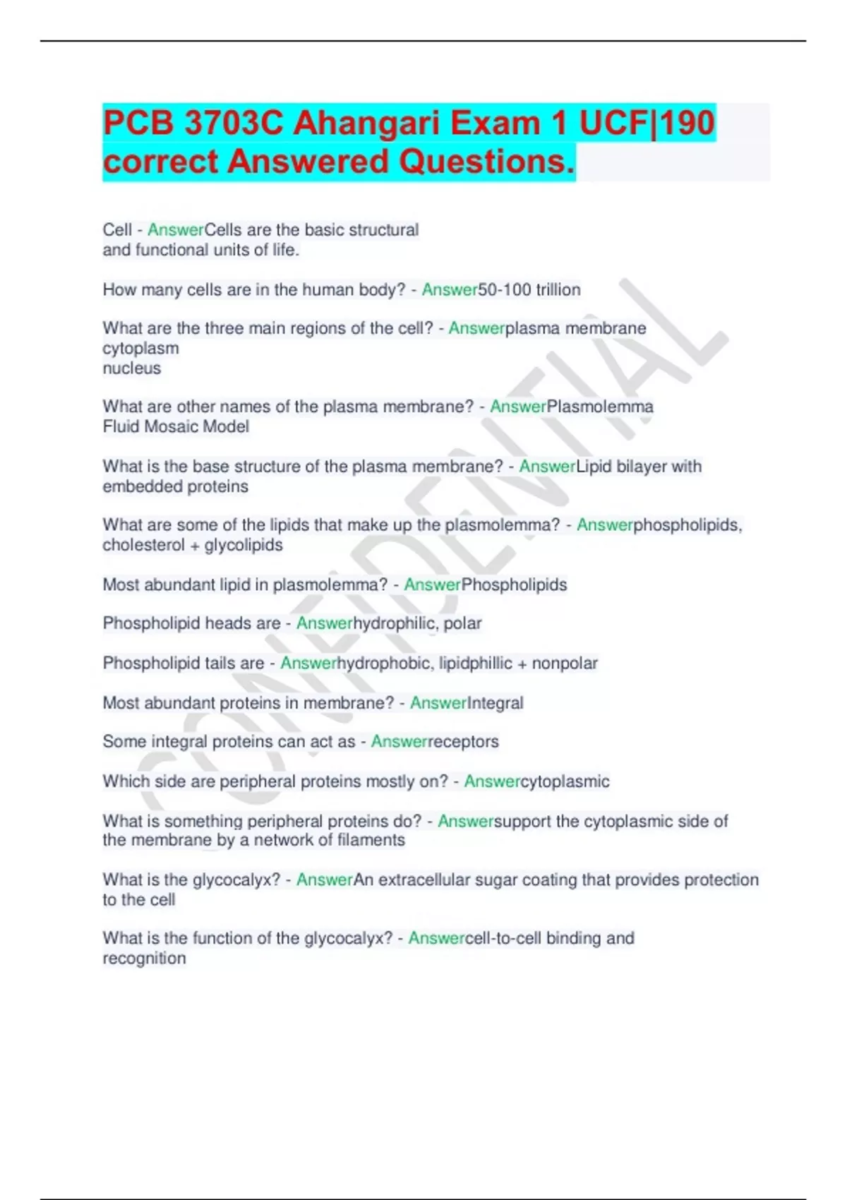 PCB 3703C Ahangari Exam 1 UCF|190 correct Answered Questions. - PCB