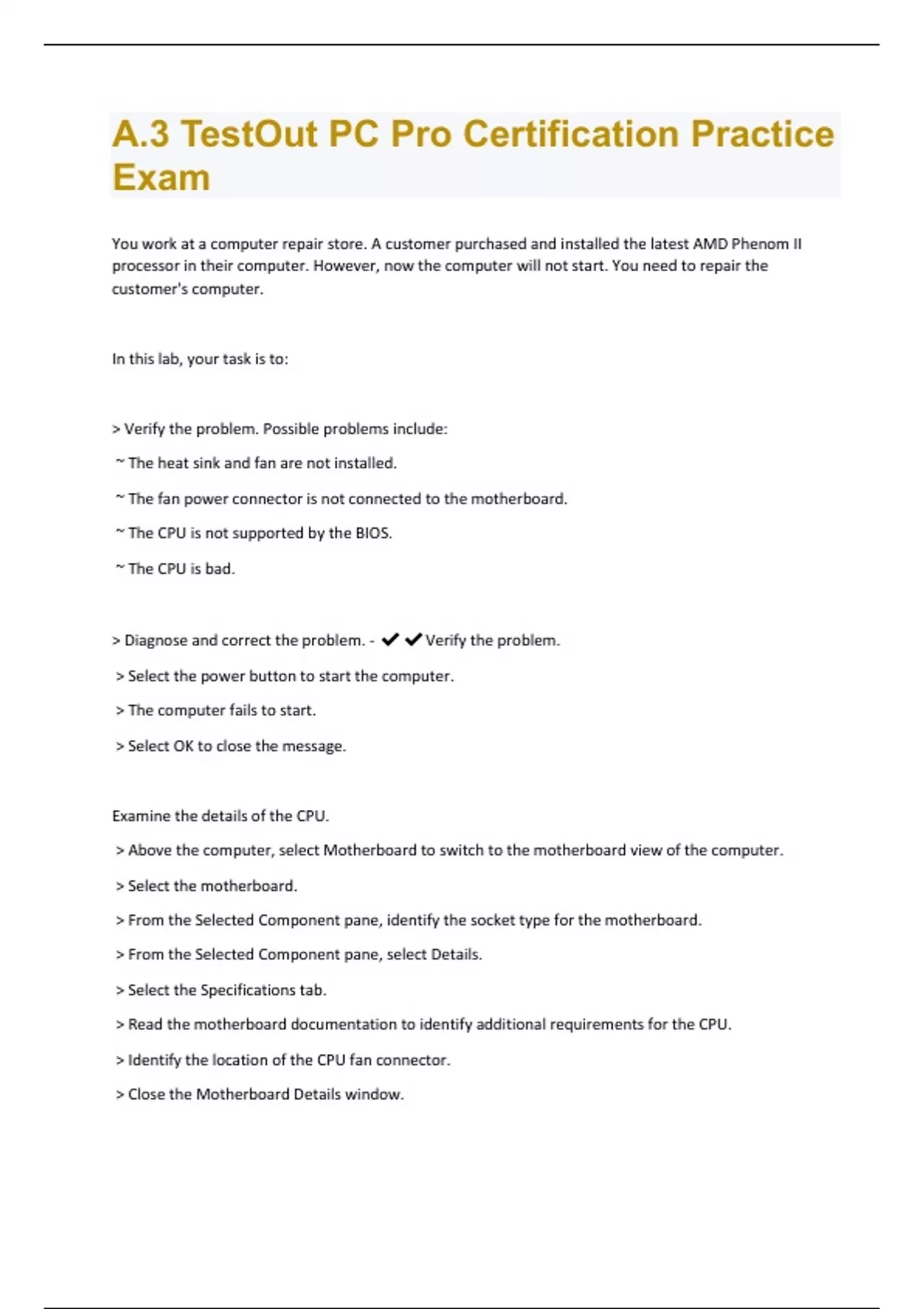 Test Out Computer Course A.3 TestOut PC Pro Certification Practice Exam Questions With 100% ...