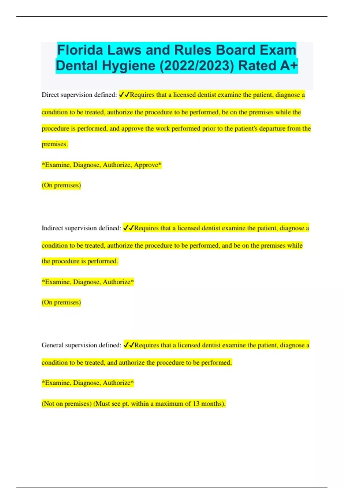Florida Laws and Rules Board Exam Dental Hygiene (2023/2024) Rated A+