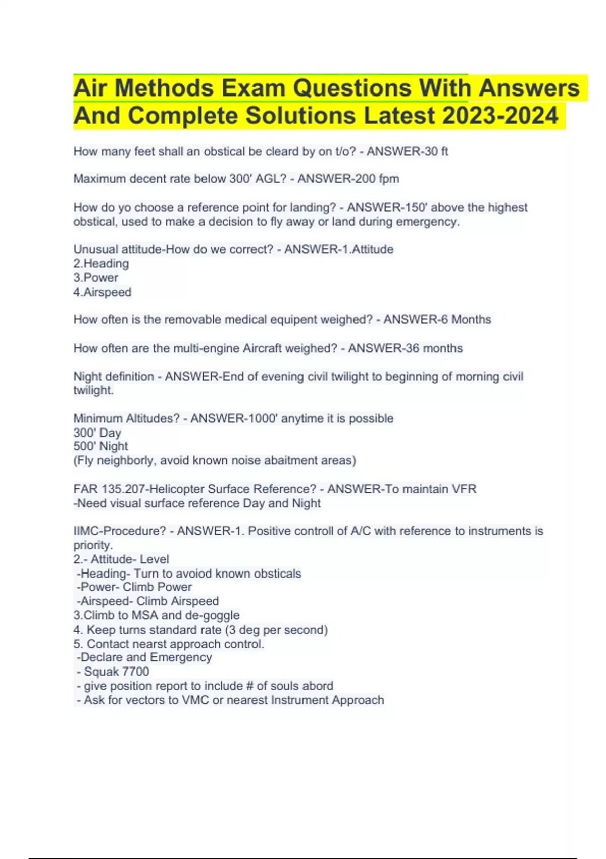 Air Methods Exam Questions With Answers | Latest Updated (GRADED 100% ...