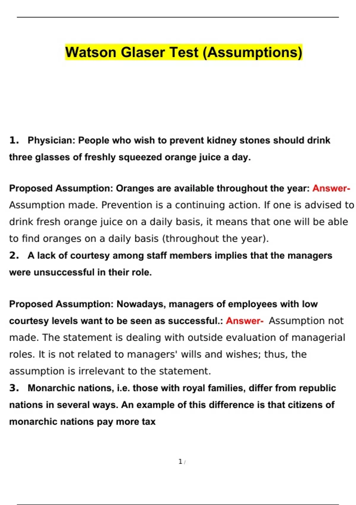 Watson Glaser Test (Assumptions) 2023 Questions and Answers Watson