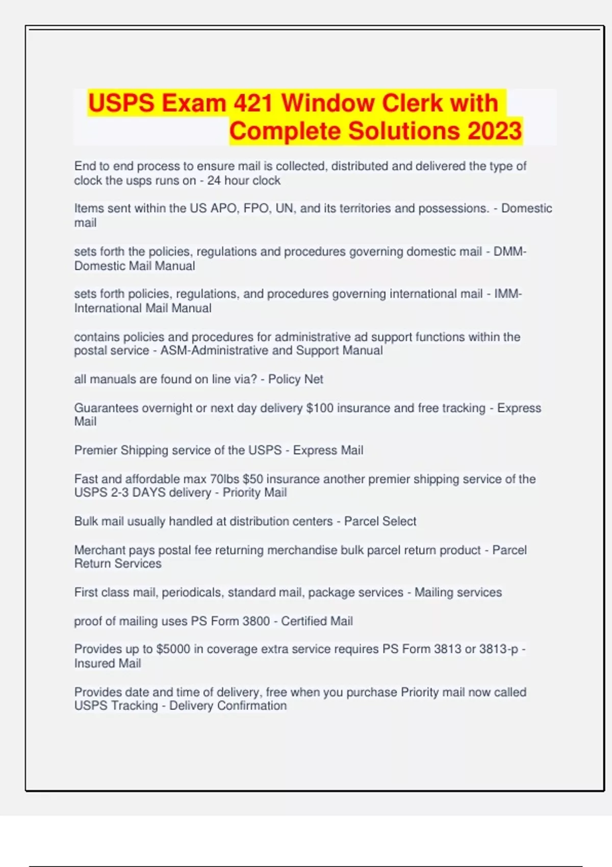 USPS Exam 421 Window Clerk with Complete Solutions 2023 USPS Window