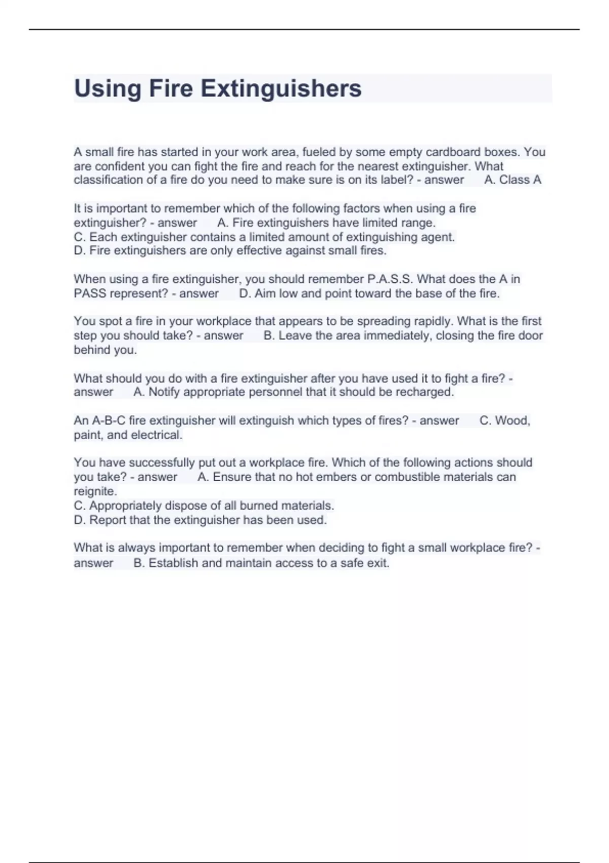 Using Fire Extinguishers Questions with correct Answers 2023 Fire extinguisher Stuvia US