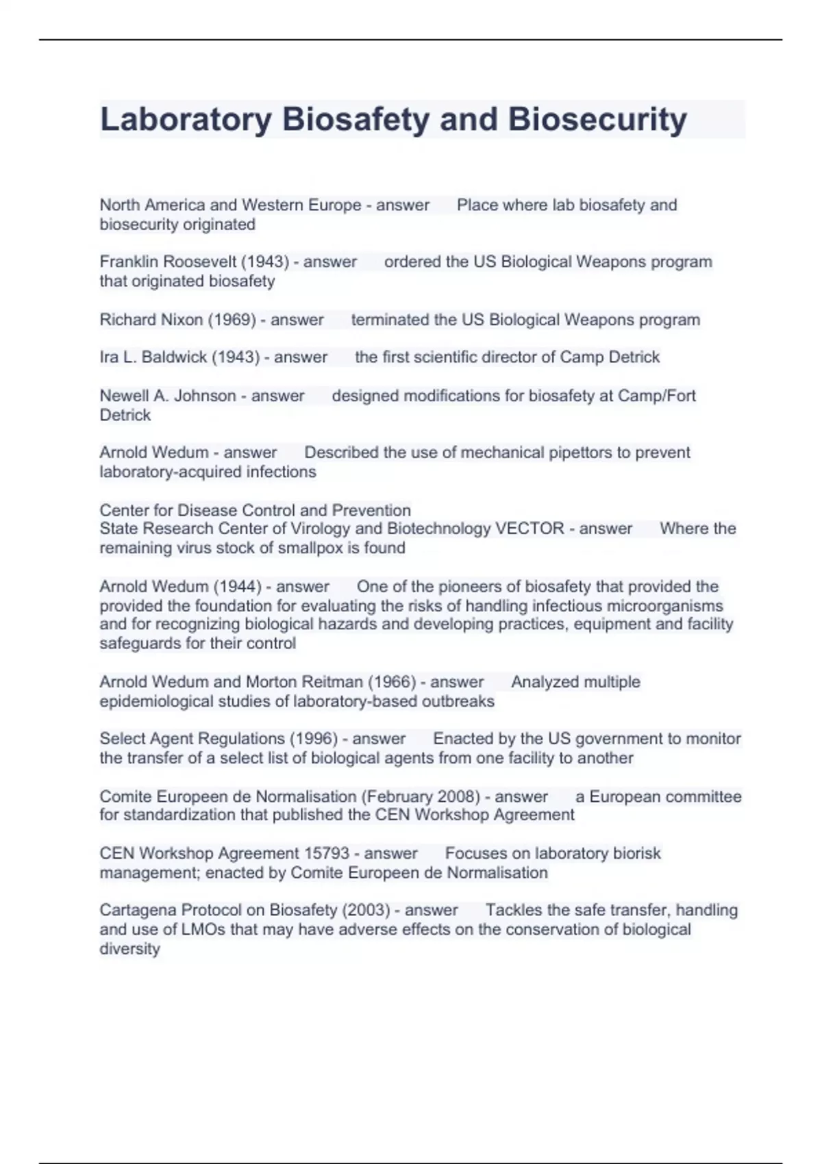 Laboratory Biosafety and Biosecurity Questions with correct Answers