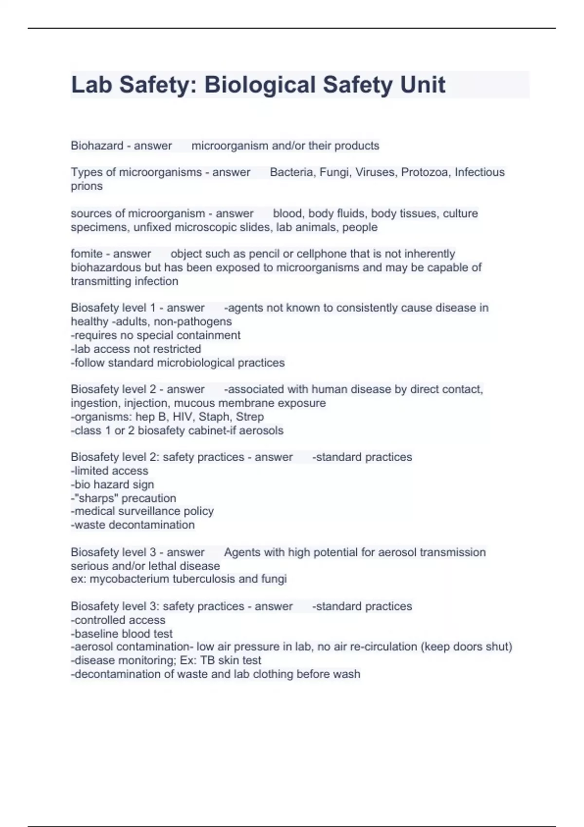 Lab Safety Questions with correct Answers 2023 BIOSAFETY Stuvia US