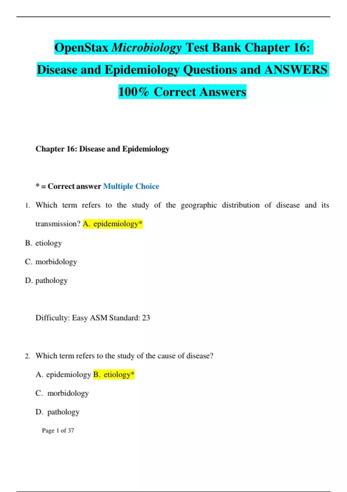 OpenStax Microbiology Test Bank Chapter 16 Disease and Epidemiology