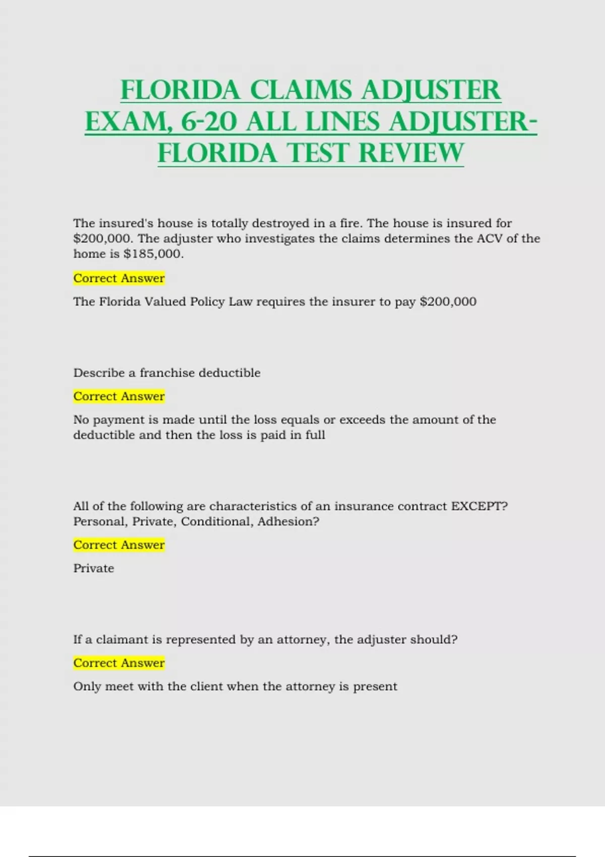 Florida Claims Adjuster Exam 6 20 All Lines Adjuster Florida Test