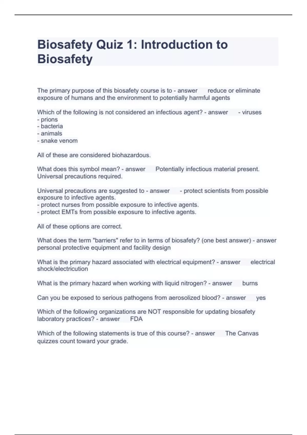 Biosafety Quiz 1 Questions with correct Answers 2023 BIOSAFETY