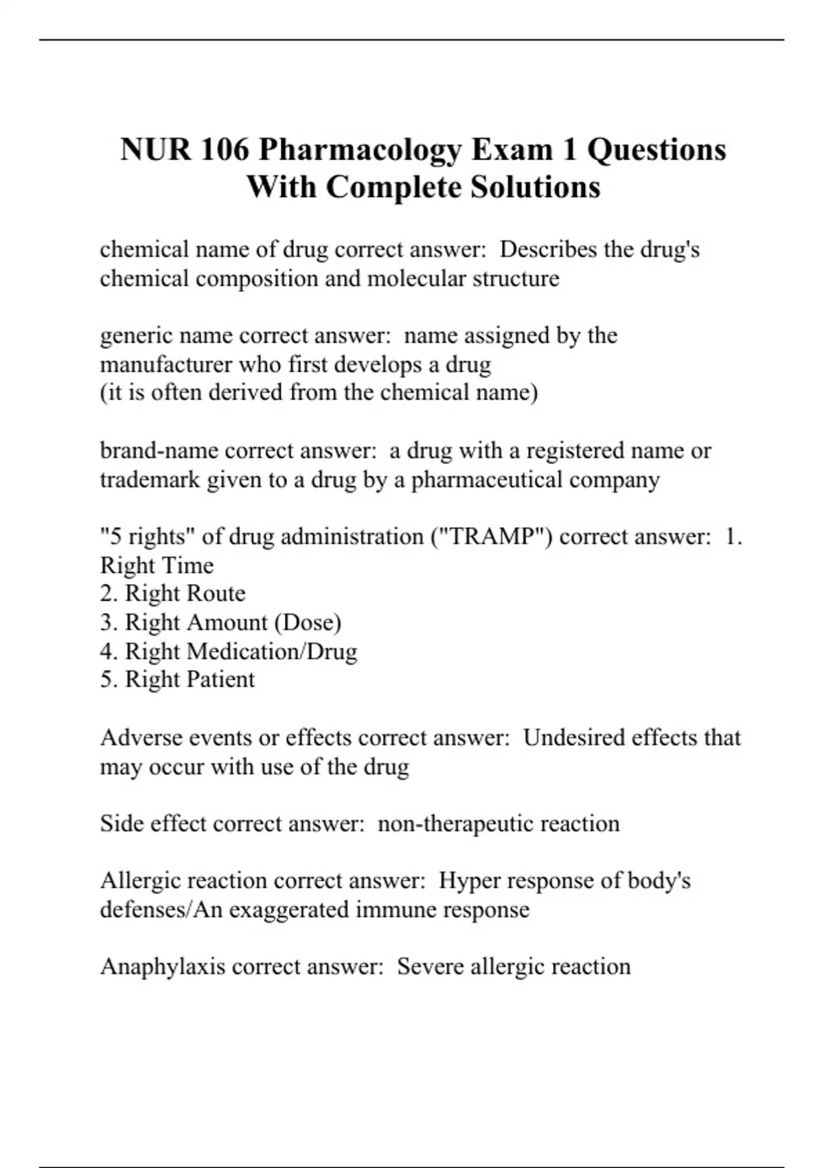 NUR 106 Pharmacology Exam 1 Questions With Complete Solutions - NUR 106 ...