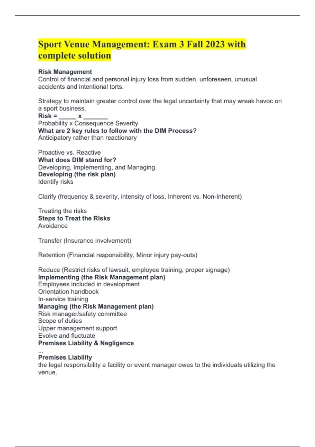 Sport Venue Management Exam 3 Fall 2023 with complete solution Venue