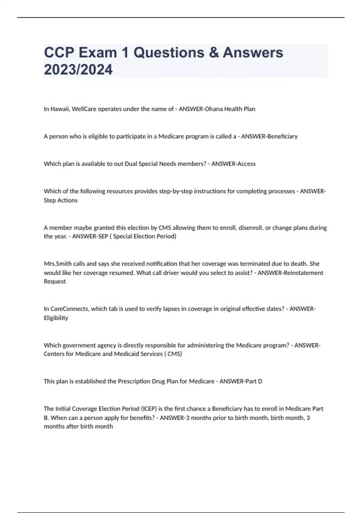 CCP Exam 1 Questions Answers 2023/2024 CCP Stuvia US CCP Exam 1 Questions Answers 2023/2024 CCP Stuvia US