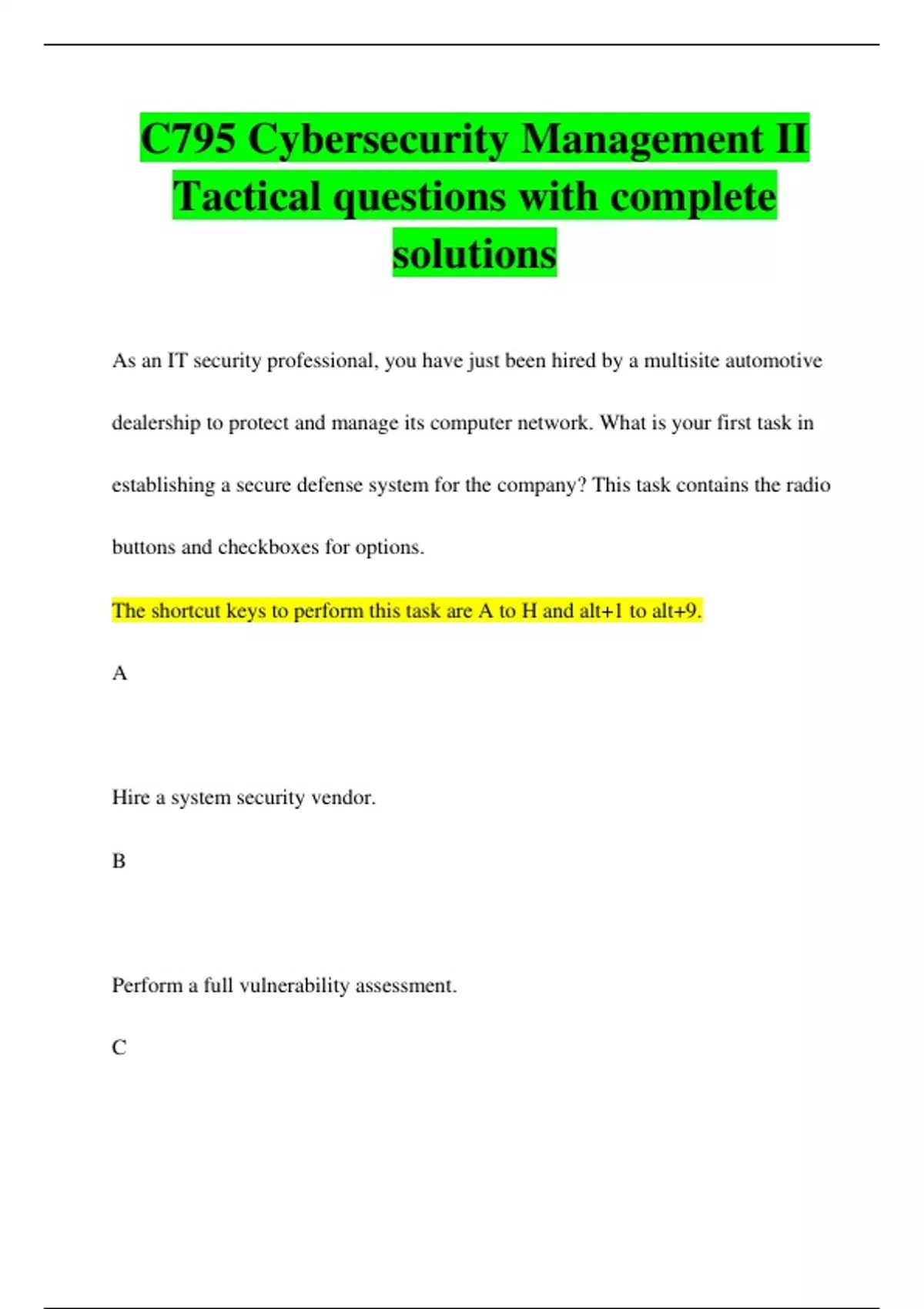 Questions Tactical C795 Cybersecurity Management II Tactical questions with complete ...