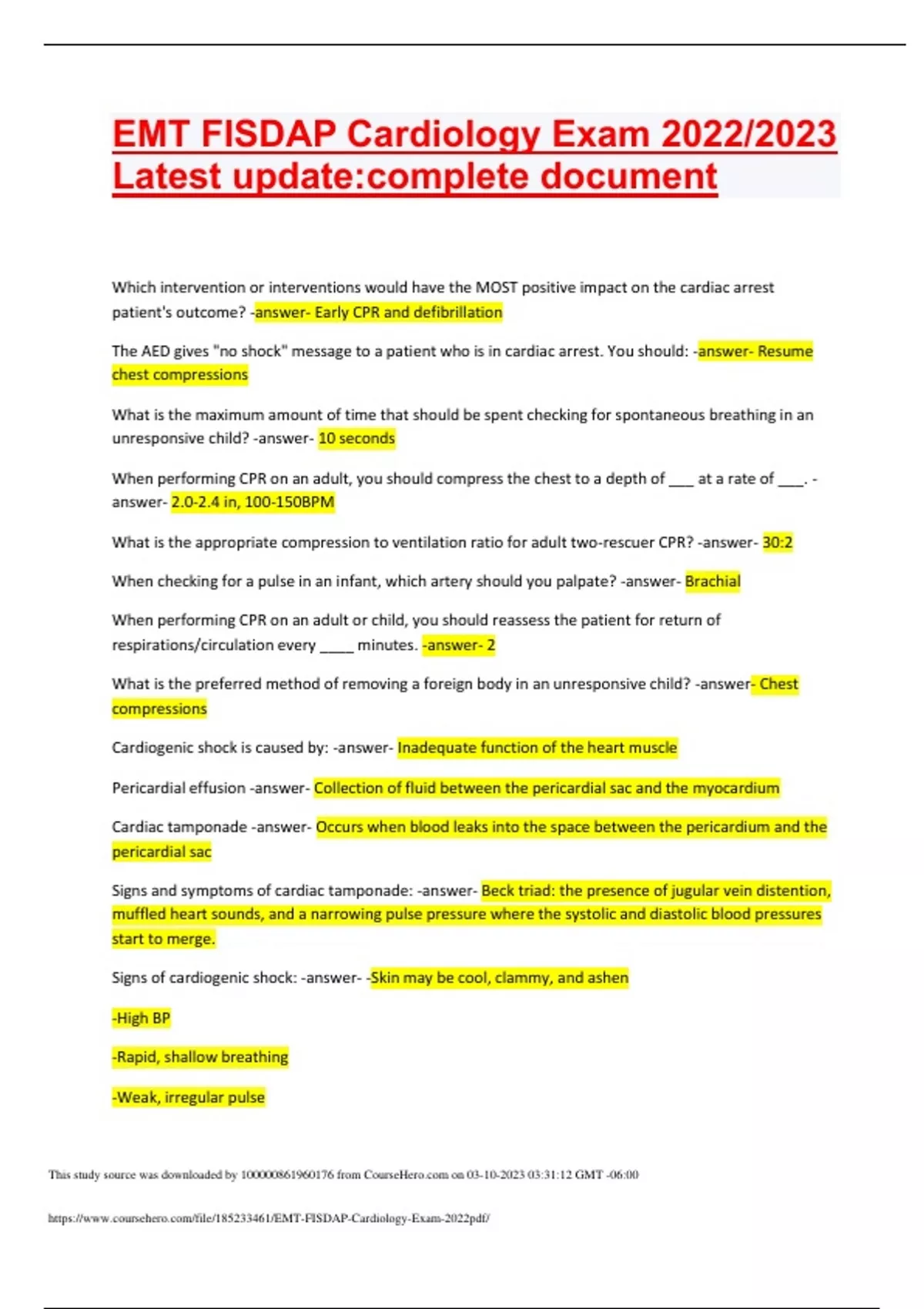 Emt Fisdap Cardiology Exam 2023 2024 Latest Update Rated A Emt