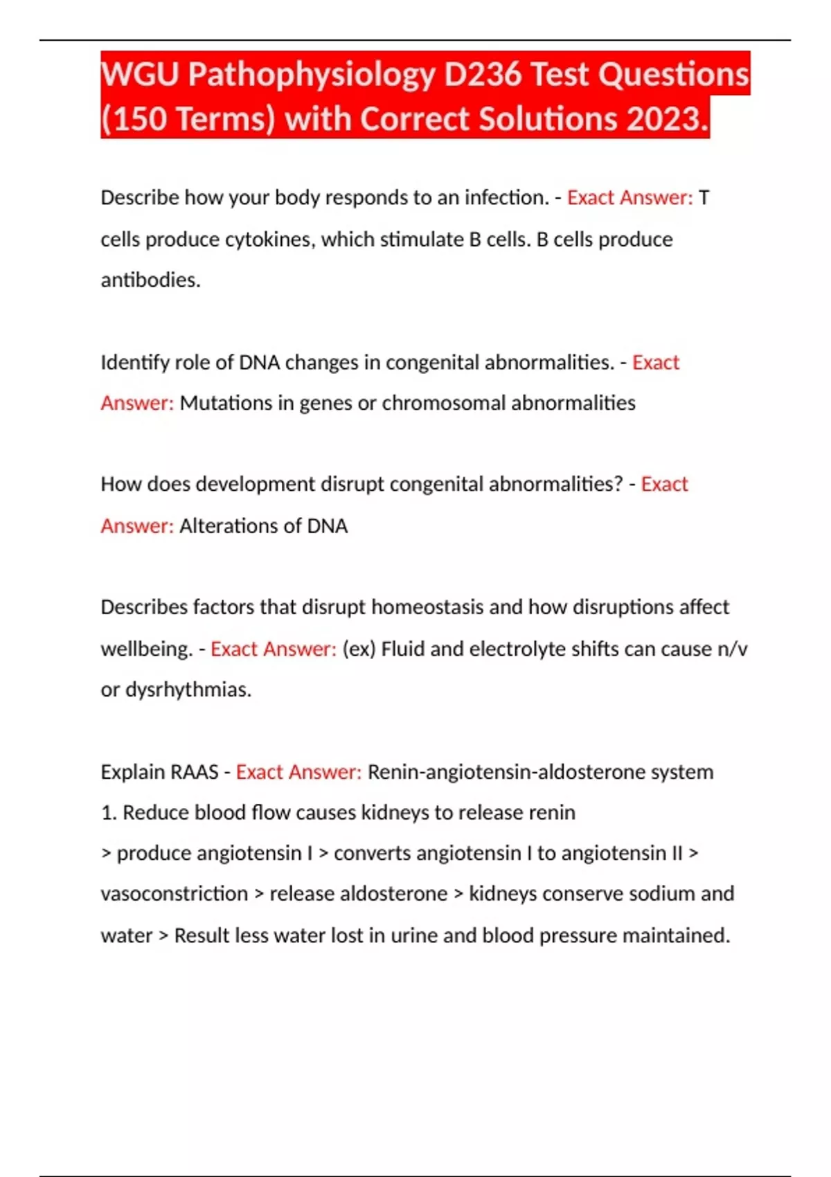 WGU Pathophysiology D236 Test Questions (150 Terms) with Correct ...