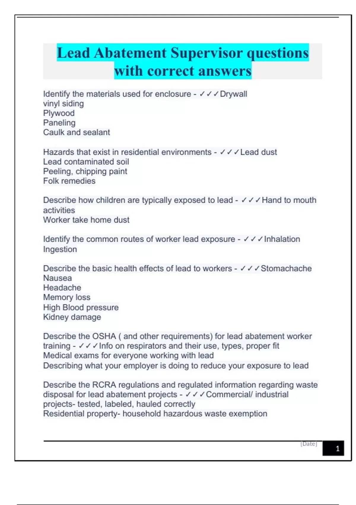 Lead Abatement Supervisor questions with correct answers - Lead ...