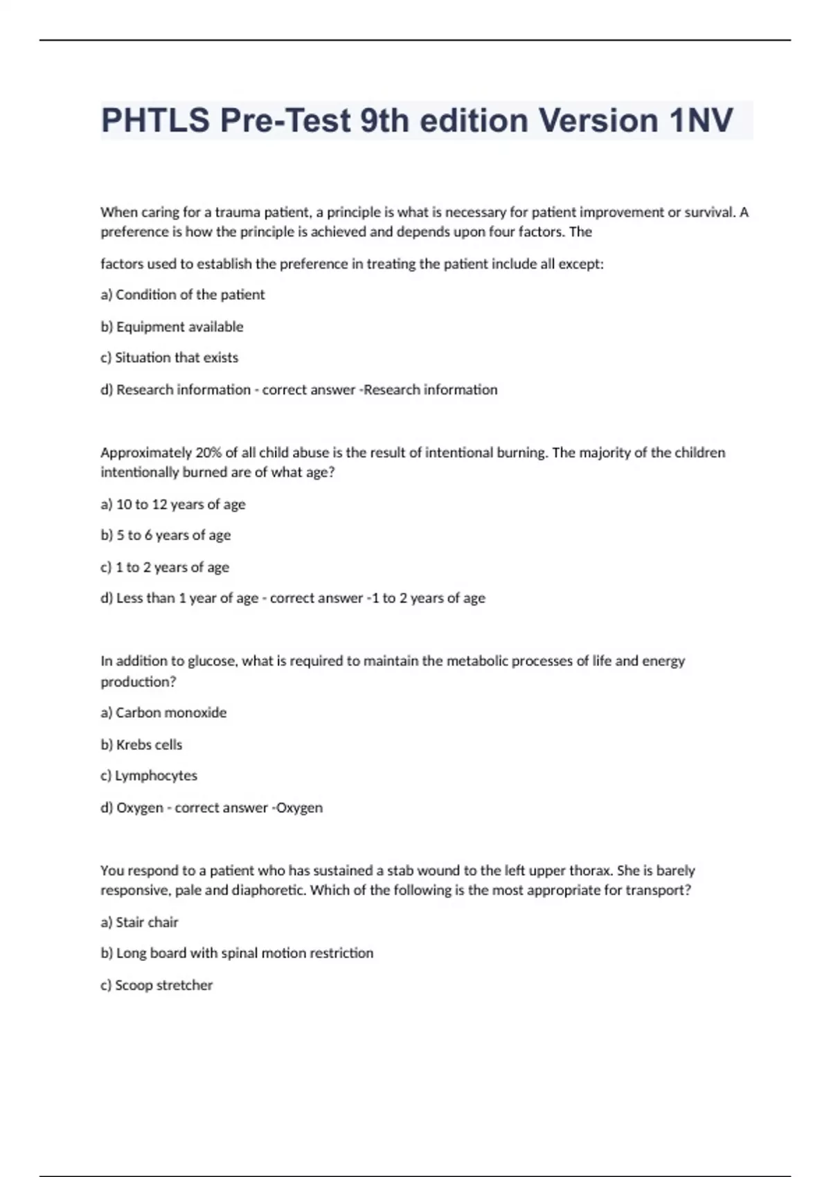 PHTLS PreTest 9th edition Version 1NV exam 2023 with 100 correct