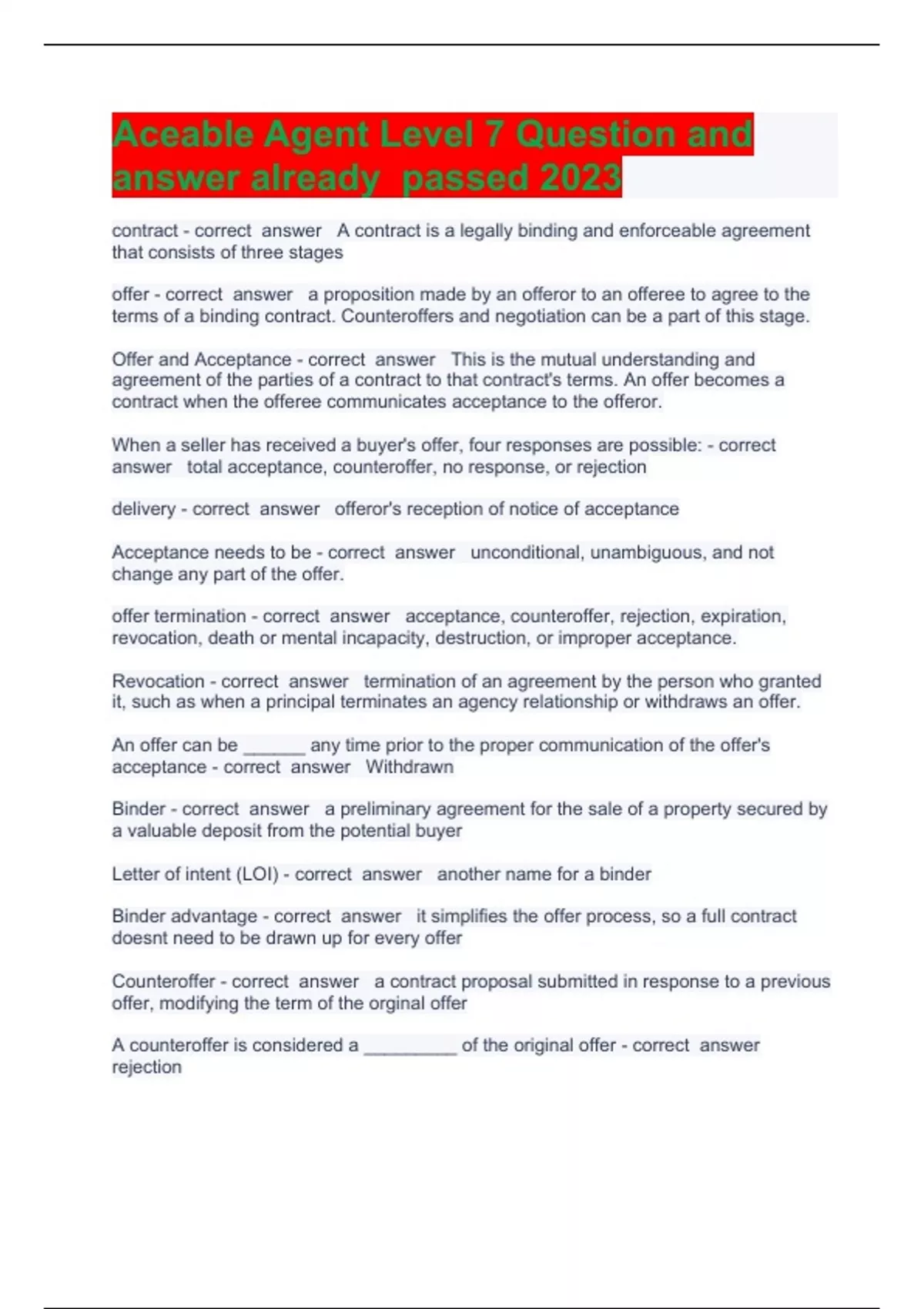 Aceable Agent Level 7 Question and answer already passed 2023 ACEABLE Stuvia US