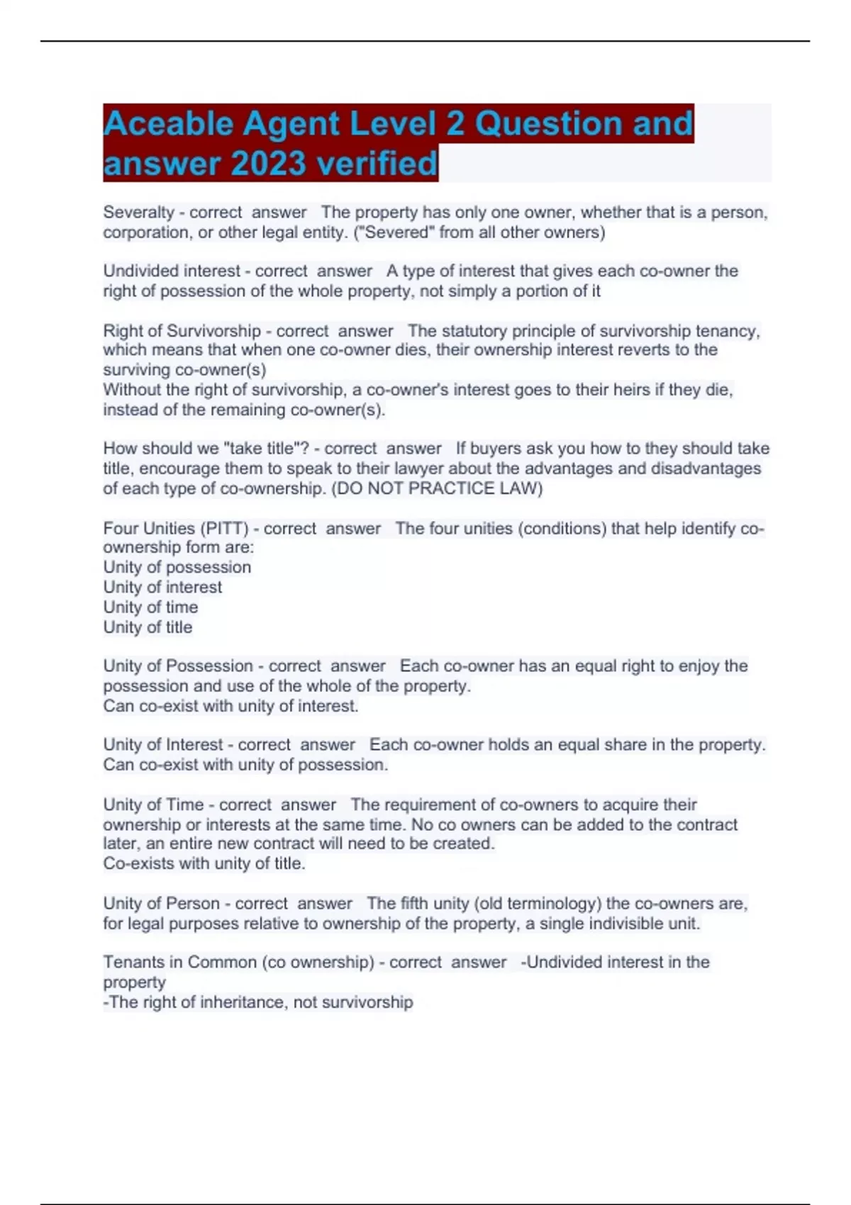 Aceable Agent Level 2 Question and answer 2023 verified - ACEABLE