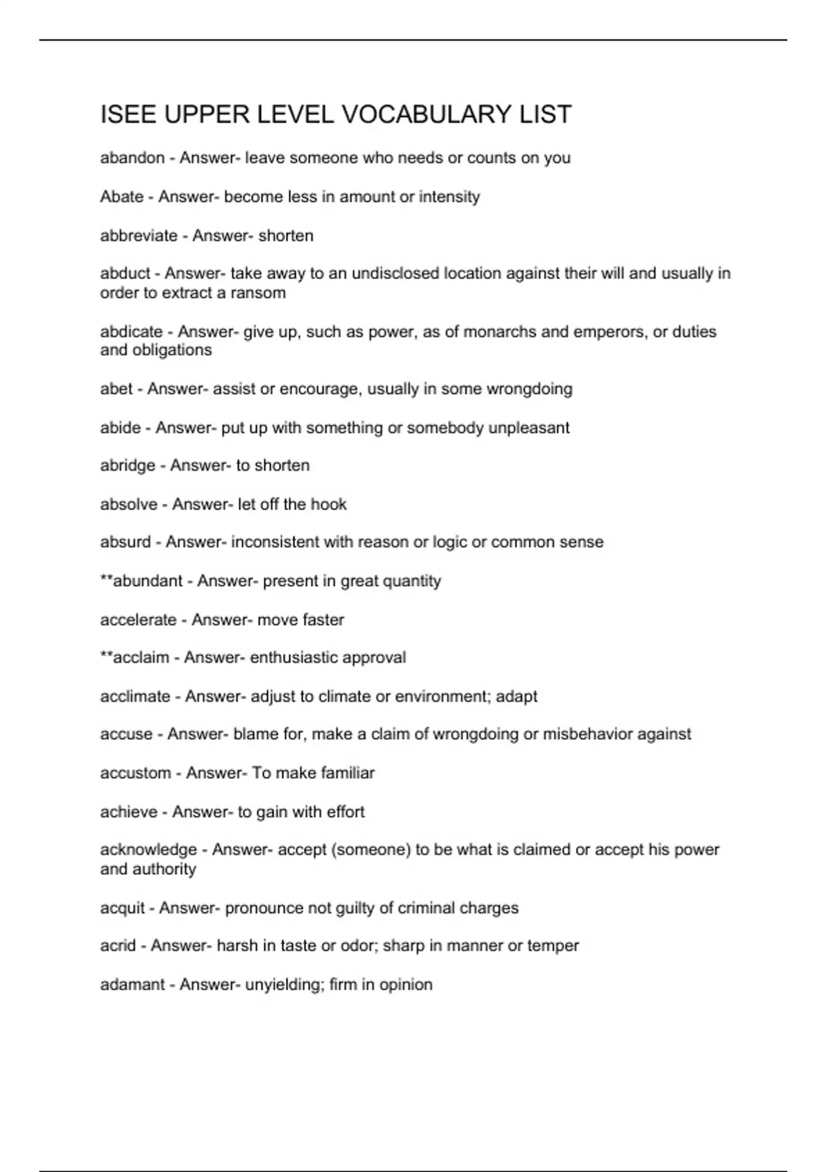 ISEE Upper Level VOCABULARY LIST - ISEE - Stuvia US