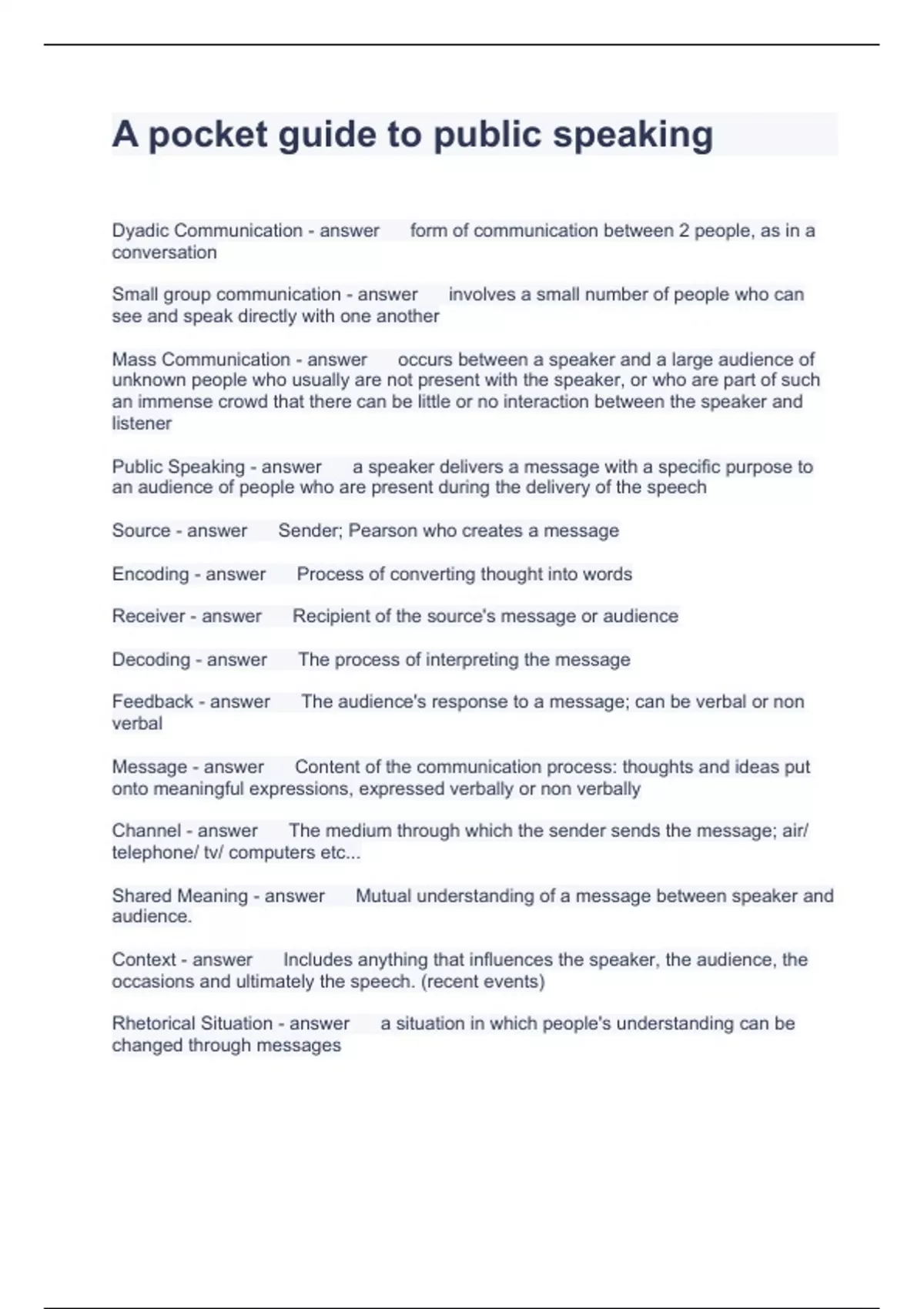 A pocket guide to public speaking Questions with correct Answers 2023