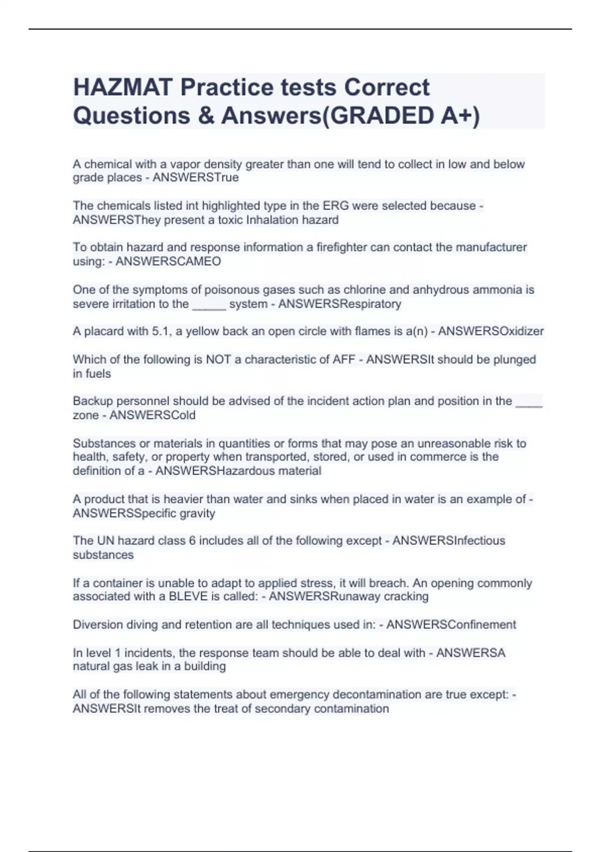 HAZMAT Practice tests Correct Questions & Answers(GRADED A+) HAZMAT Stuvia US