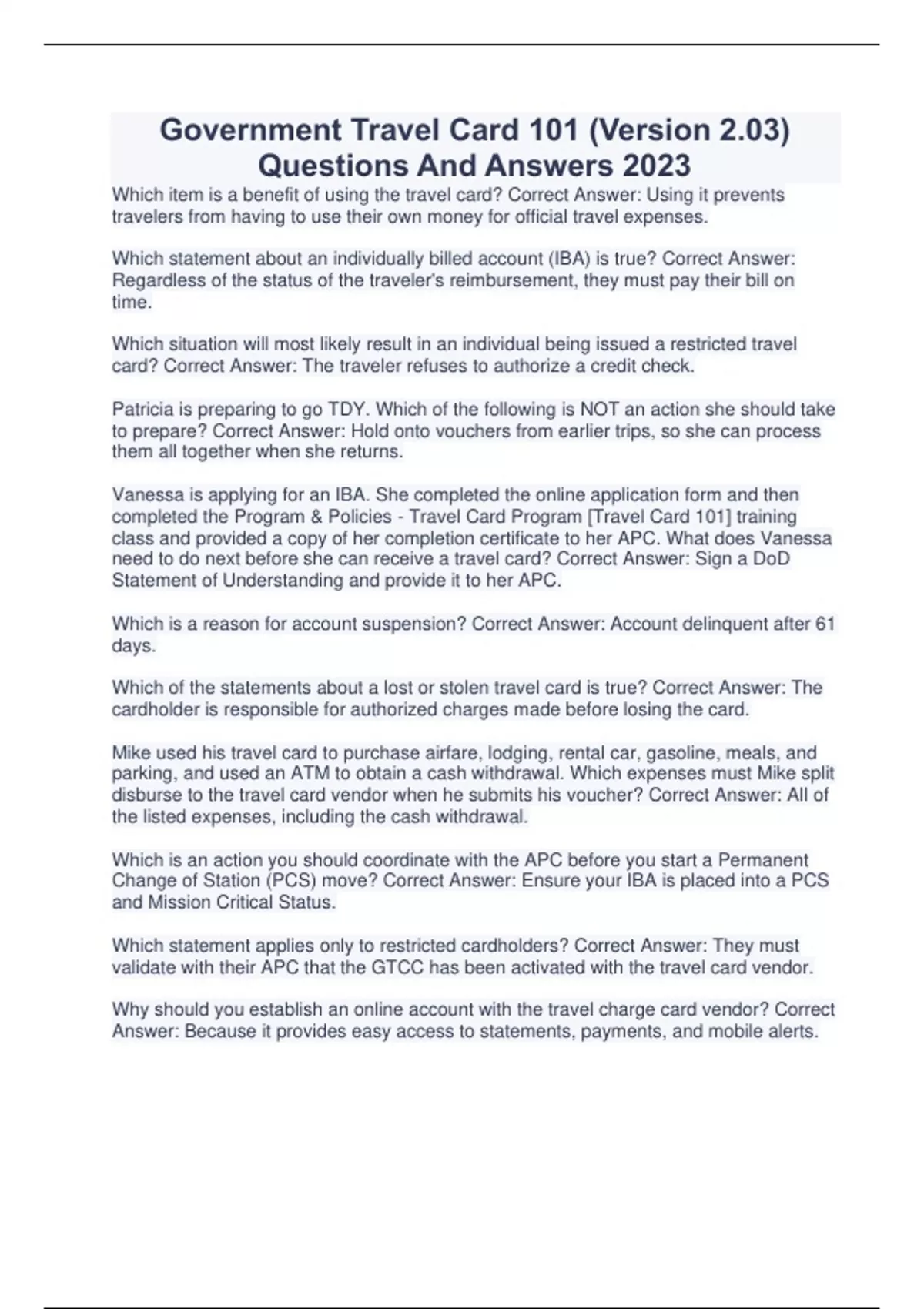 Travel Card 101 Complete Package Solutions 2023 Updates Stuvia US