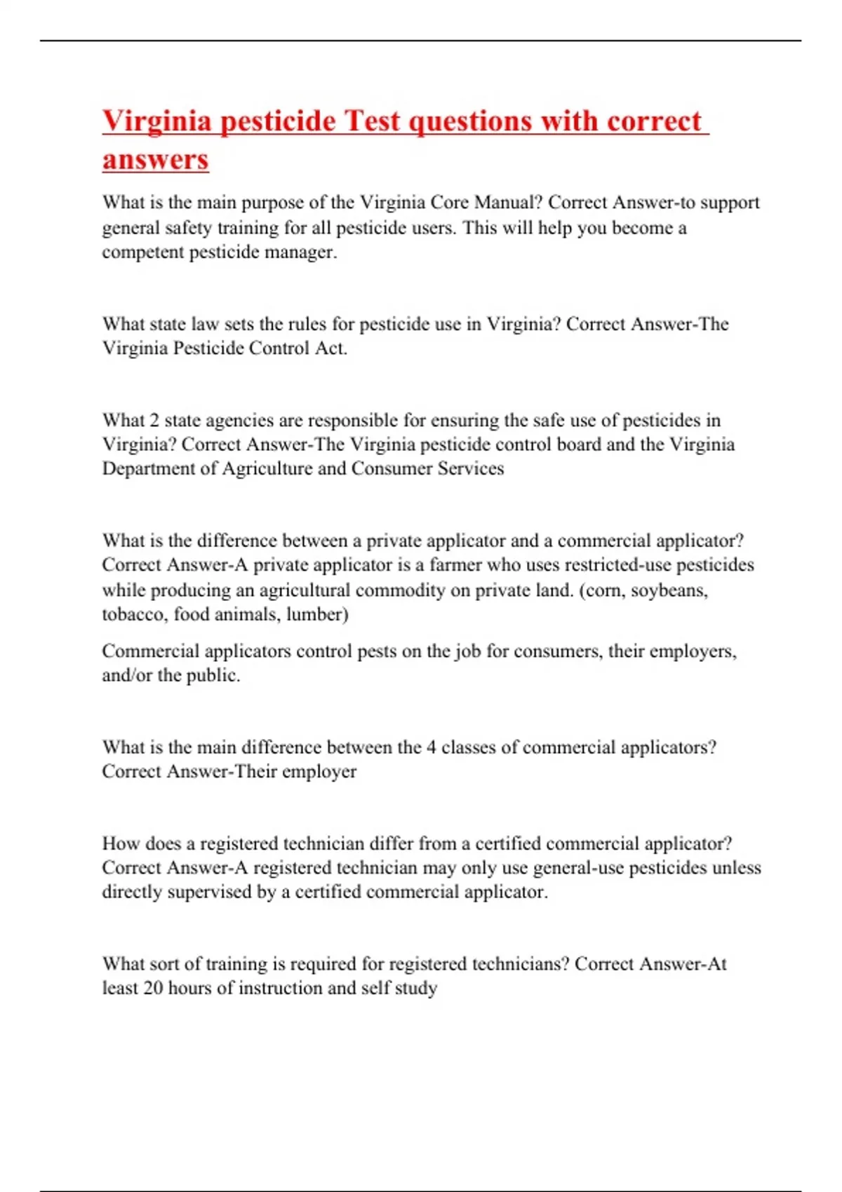 Virginia pesticide Test questions with correct answers Virginia