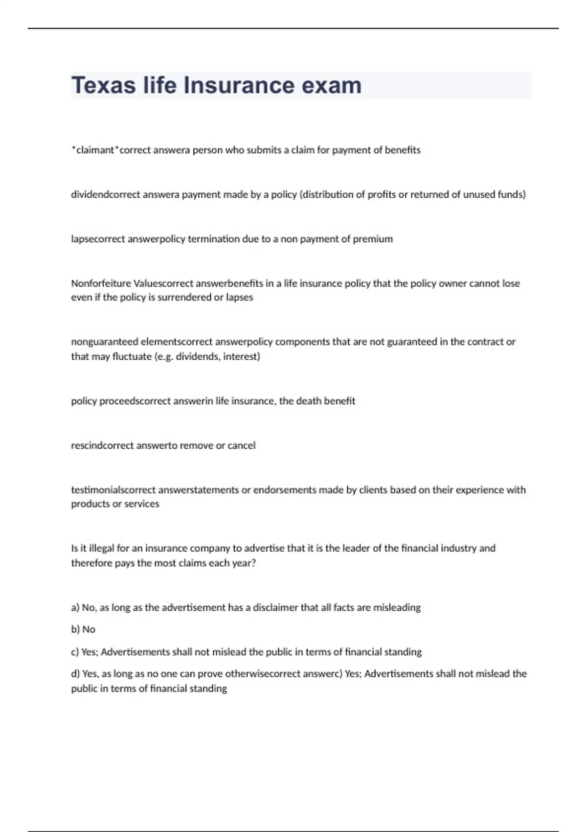 Texas life Insurance exam with complete solutions Texas life