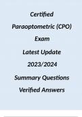 Certified Paraoptometric (CPO) Exam  Latest Update 2023/2024  Summary Questions Verified Answers