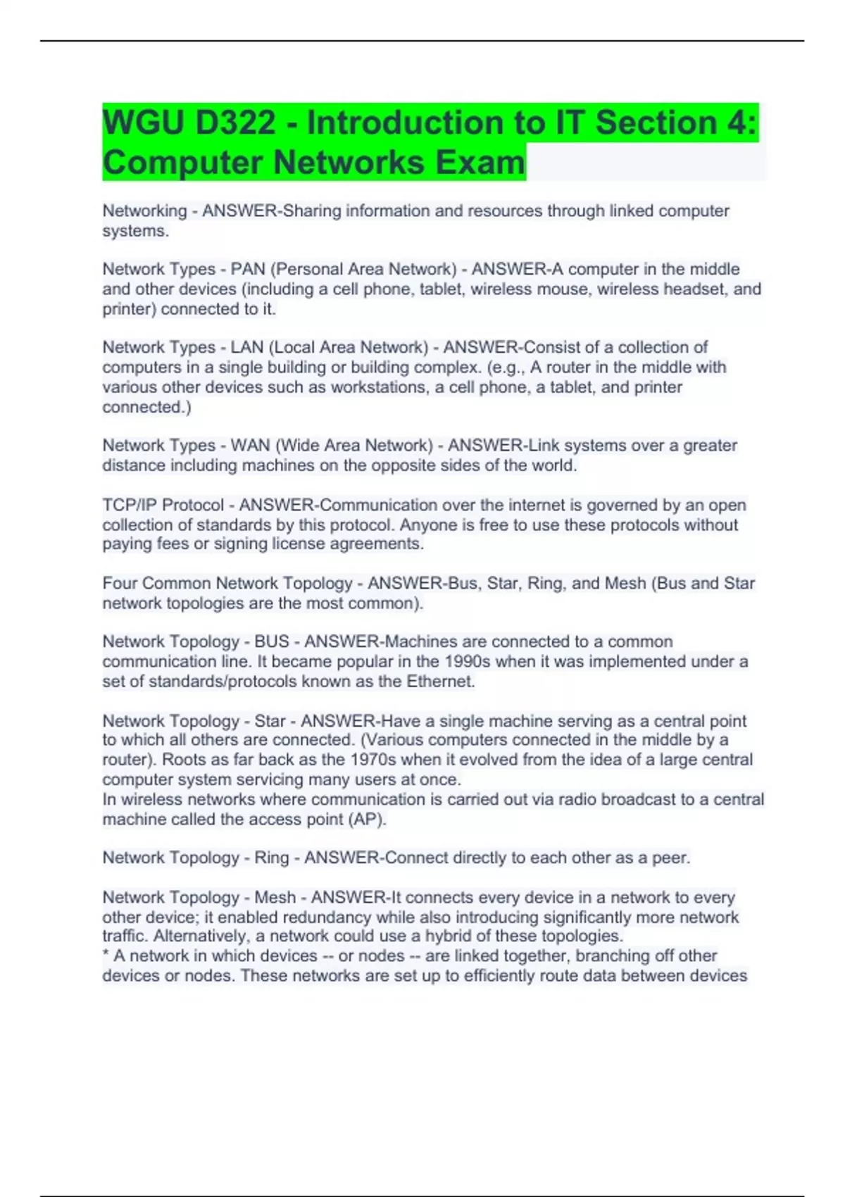 WGU D322 Introduction to IT Section 4 Computer Networks Exam WGU