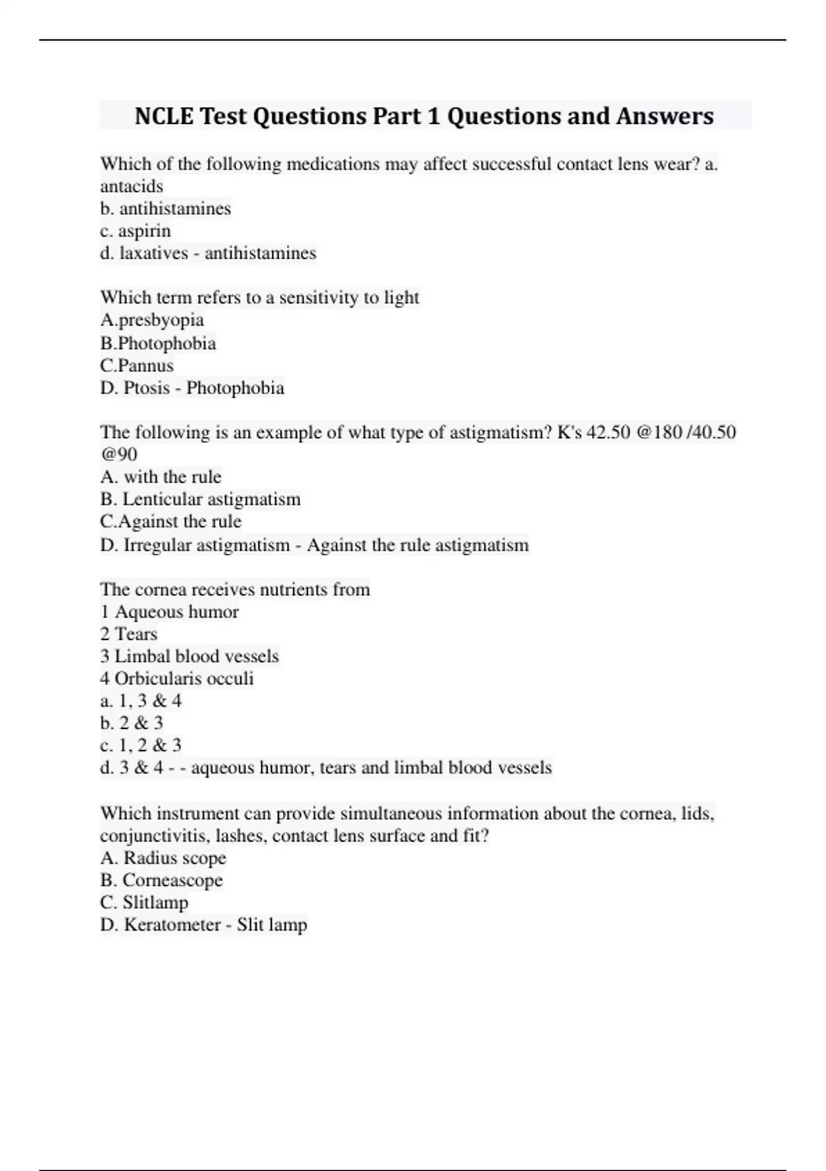 NCLE Test Questions Part 1 Questions and Answers - NCLE - Stuvia US