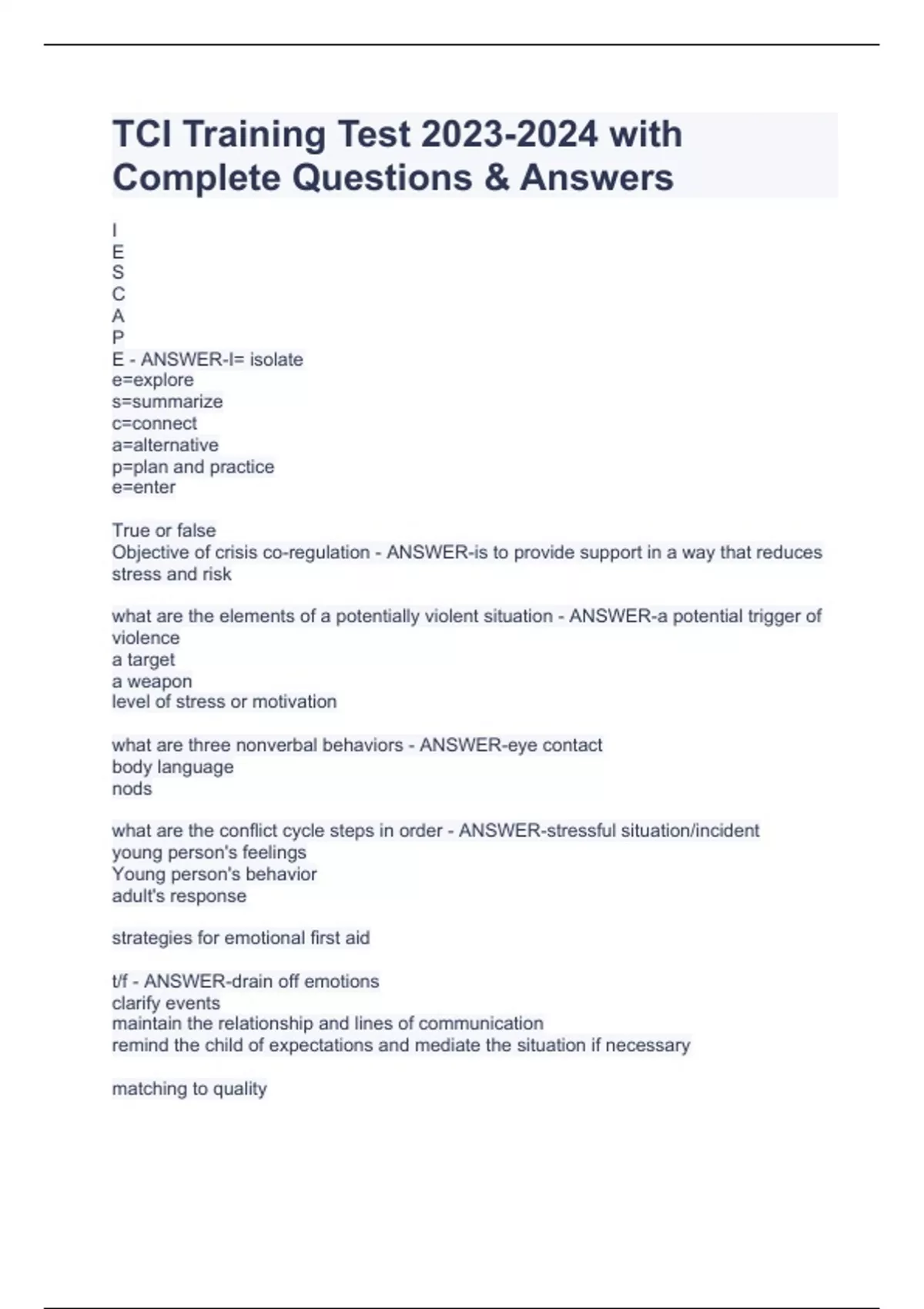 TCI Training Test with Complete Questions & Answers TCI Training