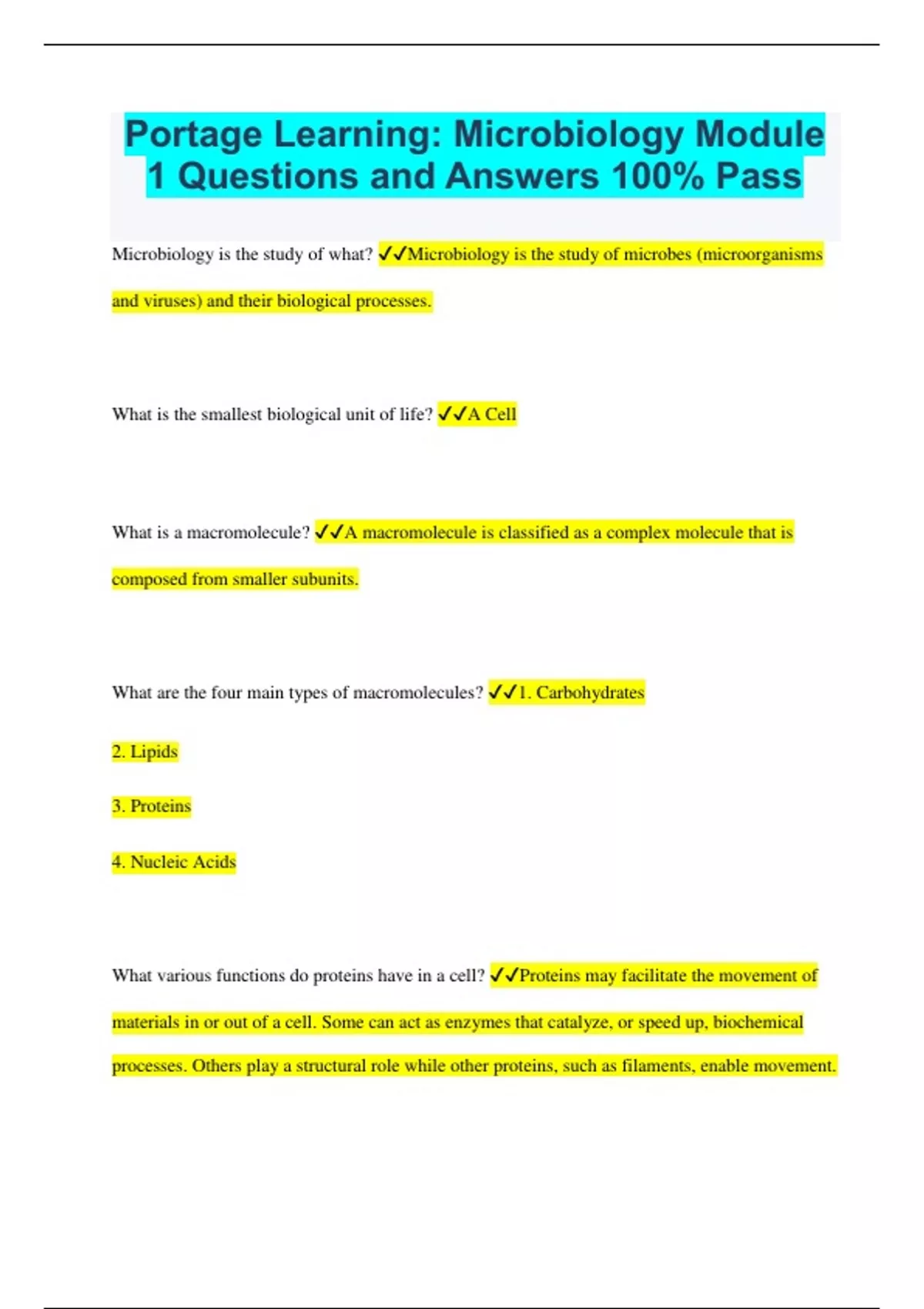 Portage Learning Microbiology Module 1 Questions and Answers 100 Pass