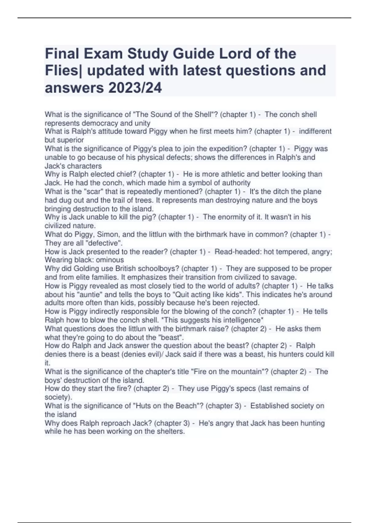 Final Exam Study Guide Lord of the Flies| updated with latest questions ...