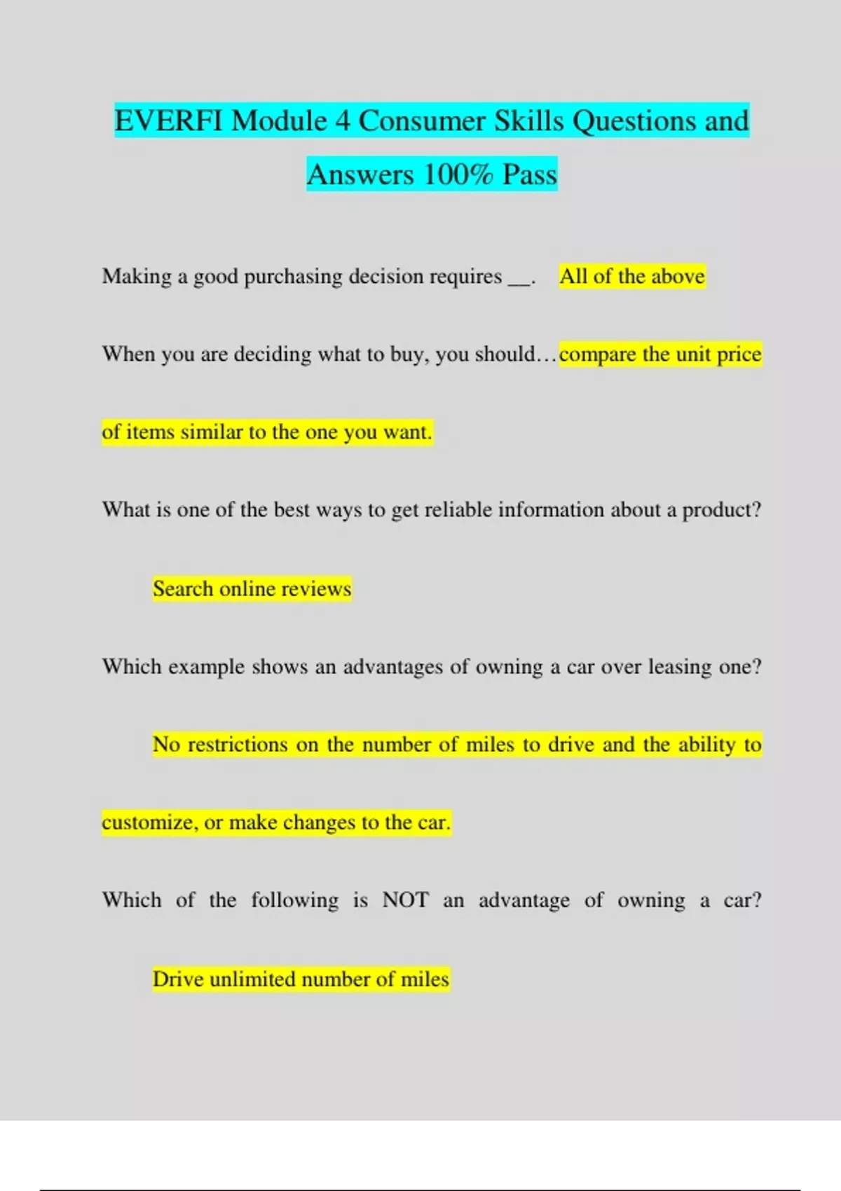 EVERFI Module 4 Consumer Skills Questions and Answers 100 Pass