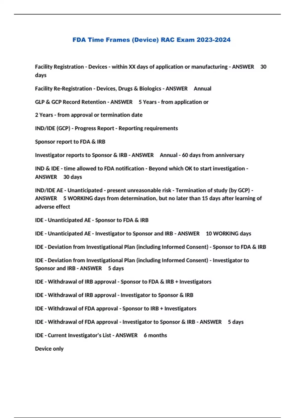 FDA Time Frames (Device) RAC Exam FDA Time Frames RAC Stuvia UK