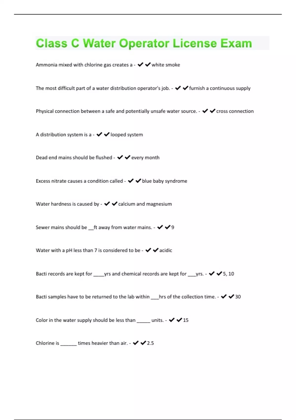 Class C Water Operator License Exam 110 Questions and Answers(A+