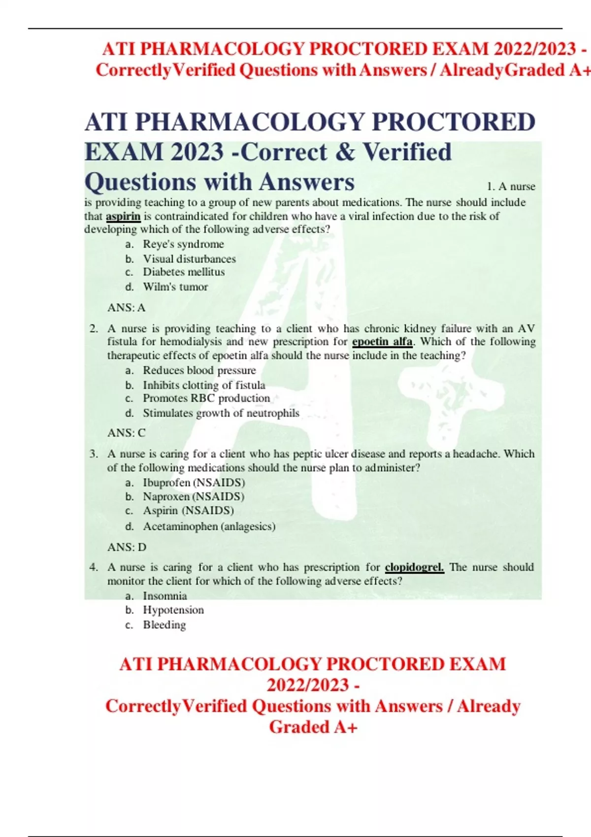 ATI PHARMACOLOGY PROCTORED EXAM 2023 -Correct & Verified Questions with ...