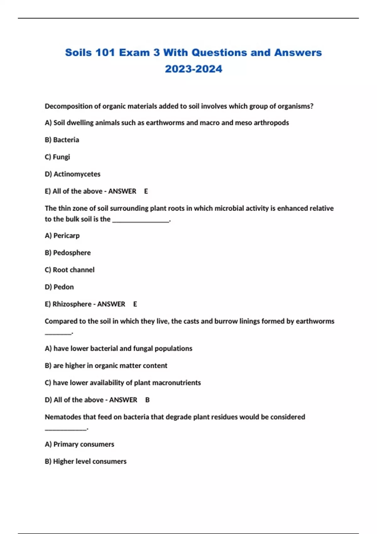 Soils 101 Exam 3 With Questions and Answers Soils 101 Stuvia US