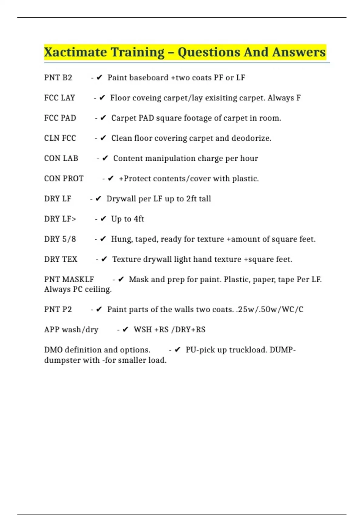 Xactimate Training Questions And Answers XACTIMATE Stuvia US