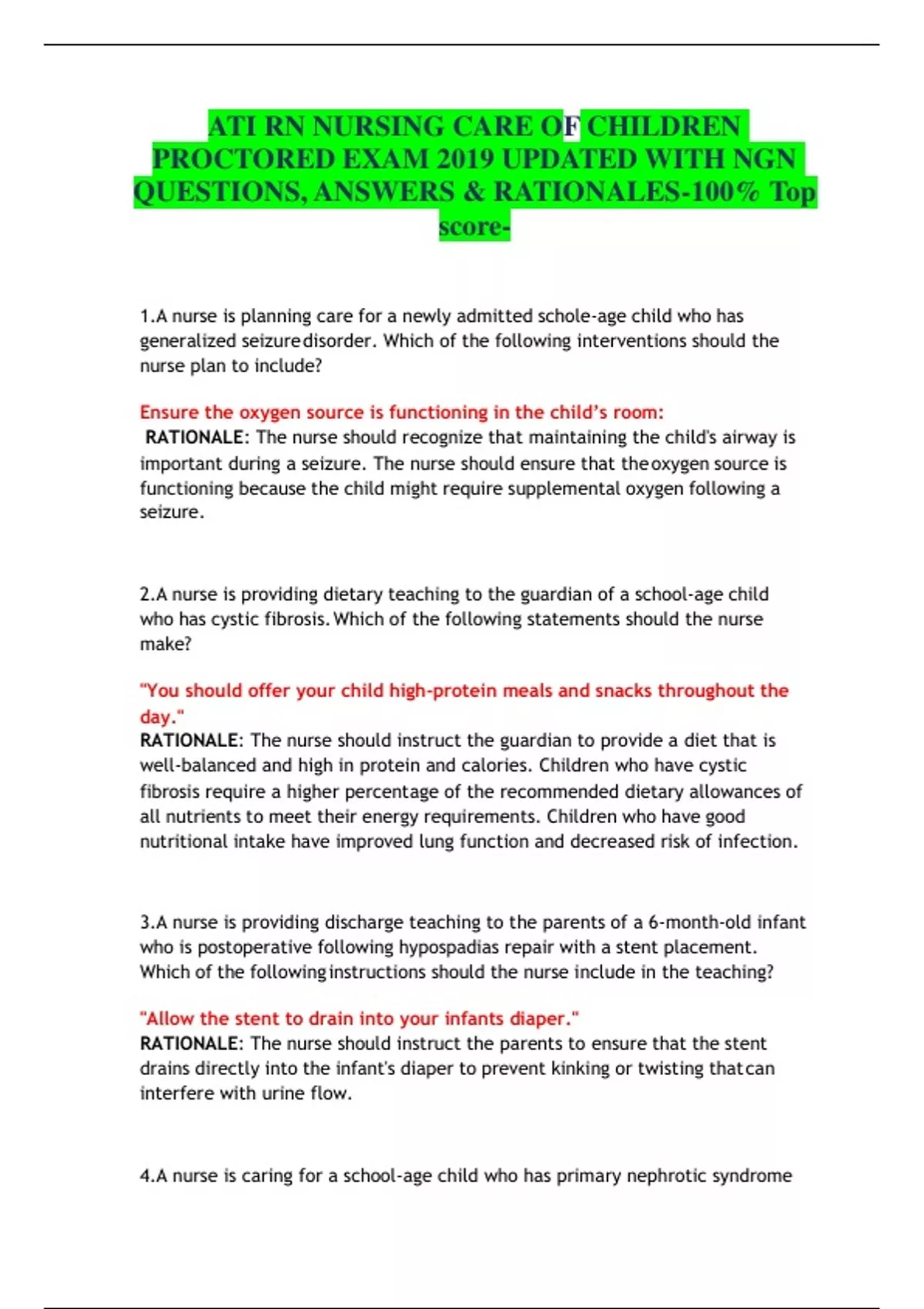 ATI RN NURSING CARE OF CHILDREN PROCTORED EXAM 2019 UPDATED WITH NGN ...