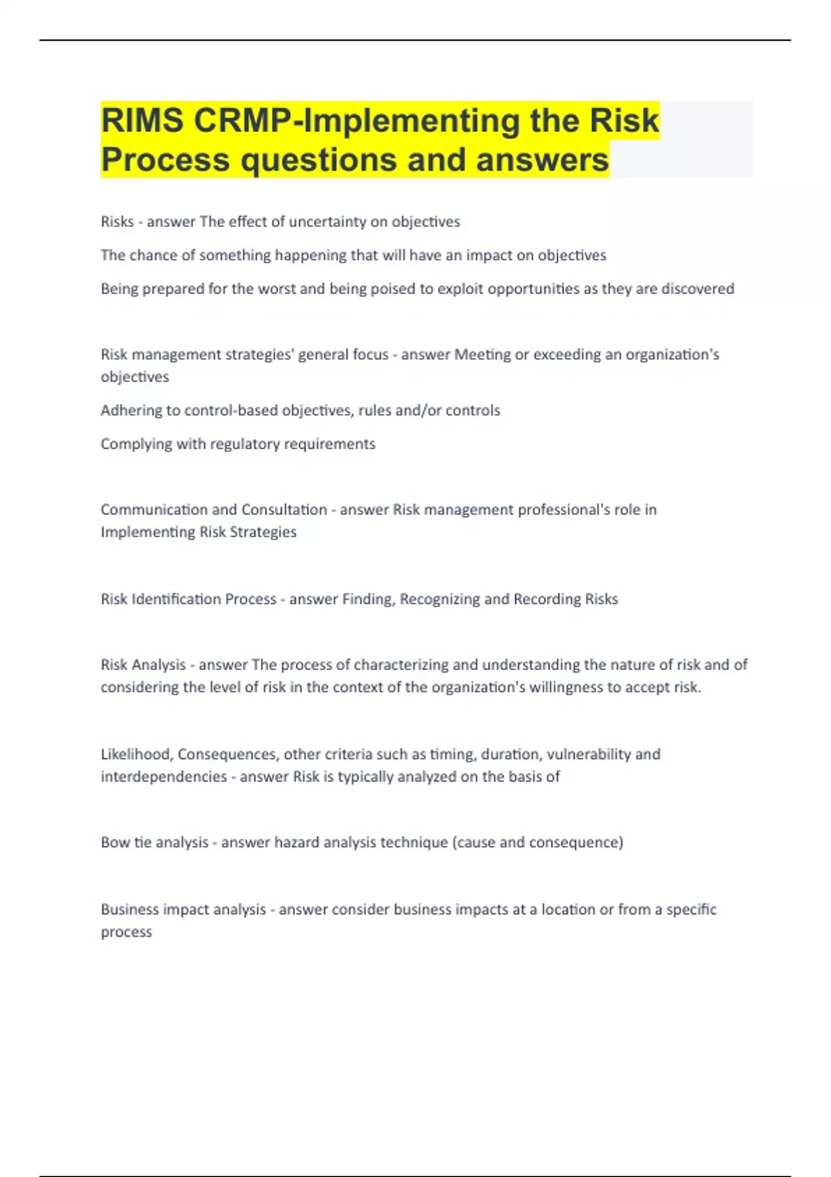 RIMS CRMPImplementing the Risk Process questions and answers RIMS