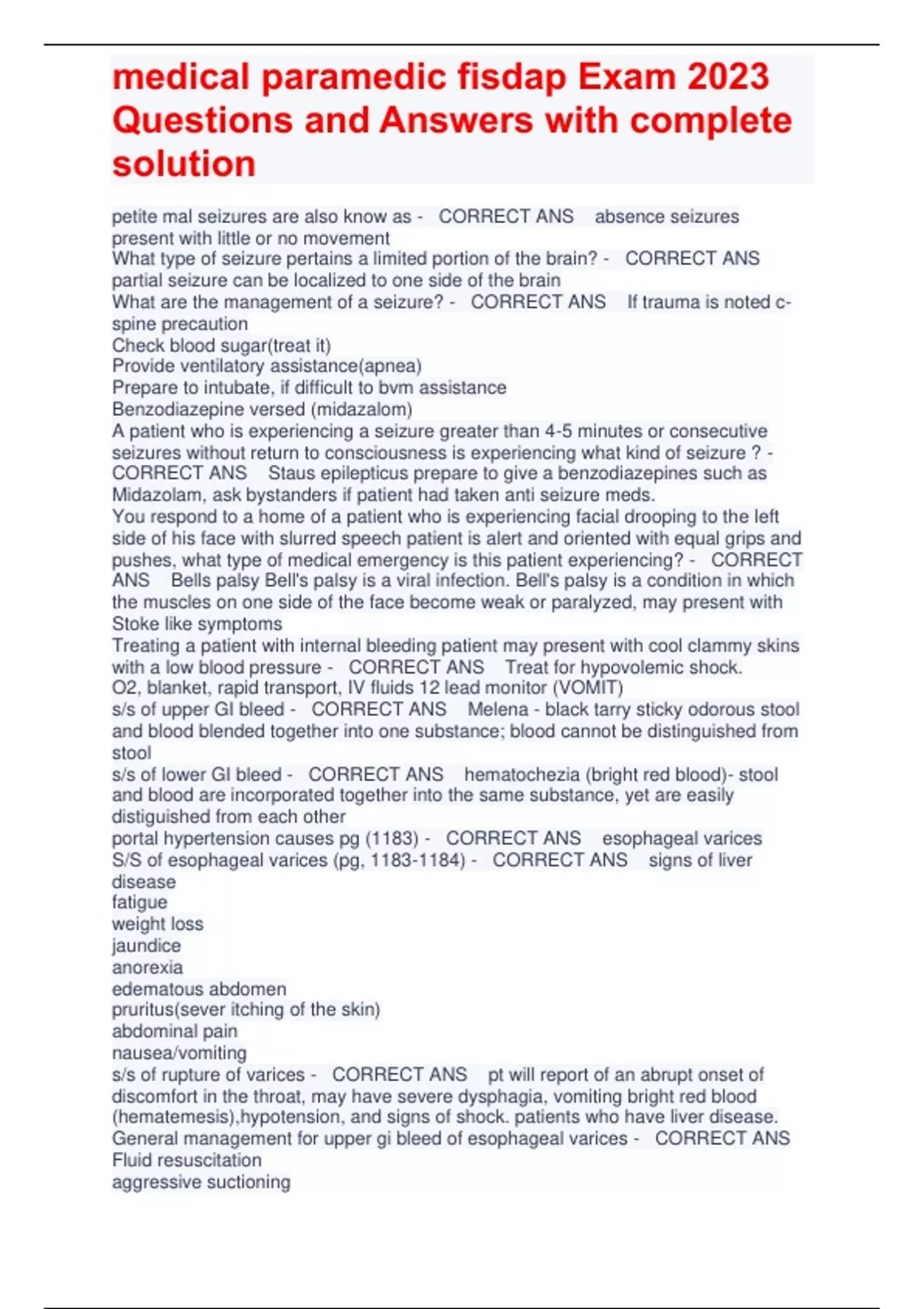 medical paramedic fisdap Exam 2023 Questions and Answers with complete ...