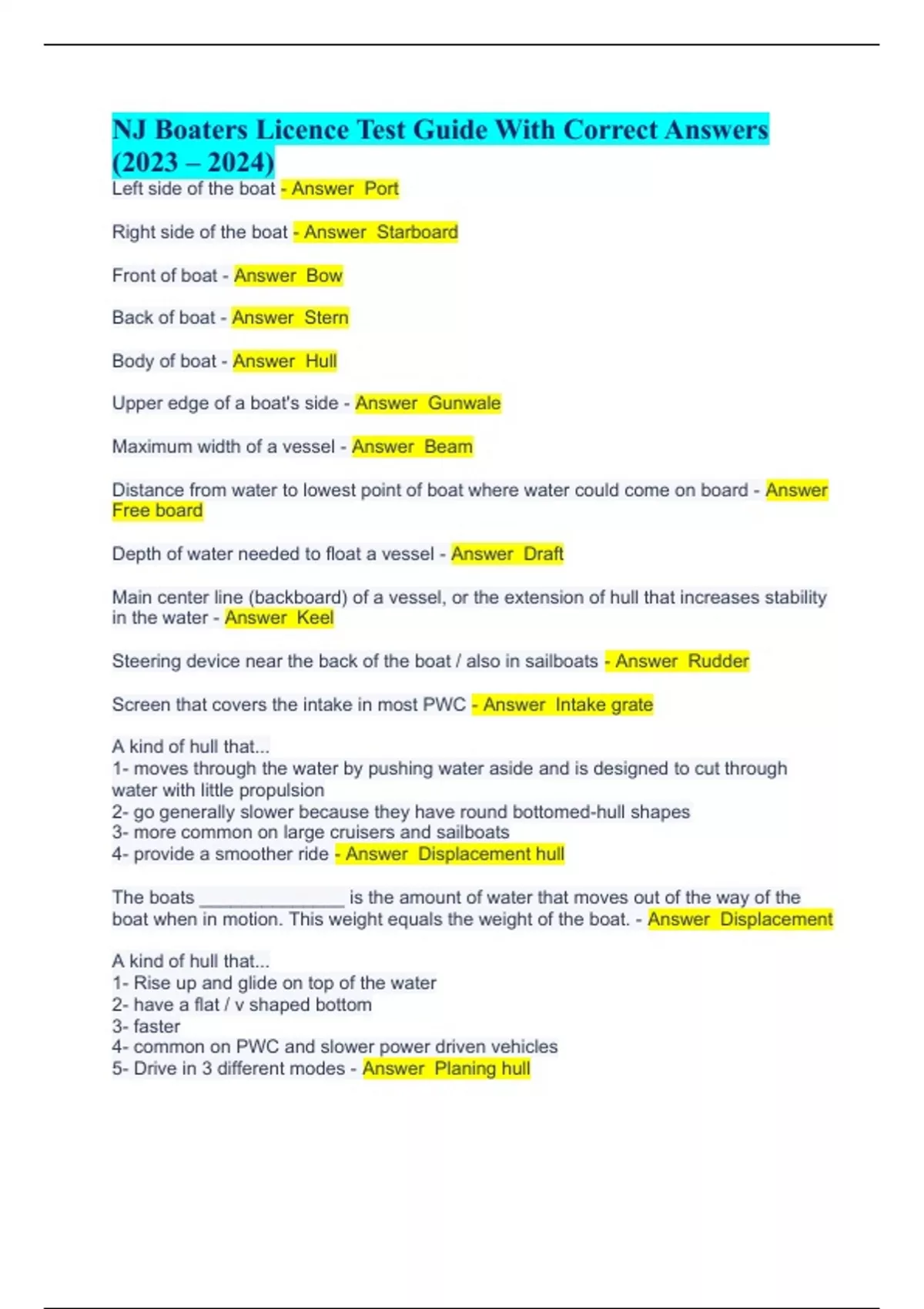 NJ Boaters Licence Test Guide With Correct Answers (2023 2024) NJ