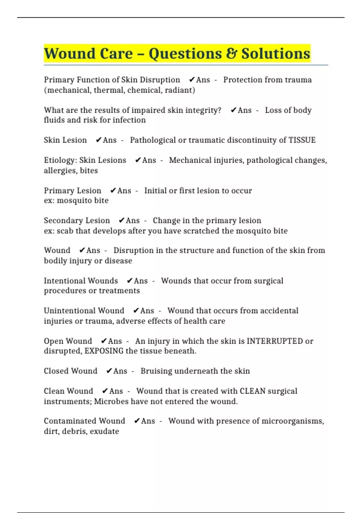 Wound Care Questions & Solutions WOUND CARE Stuvia US