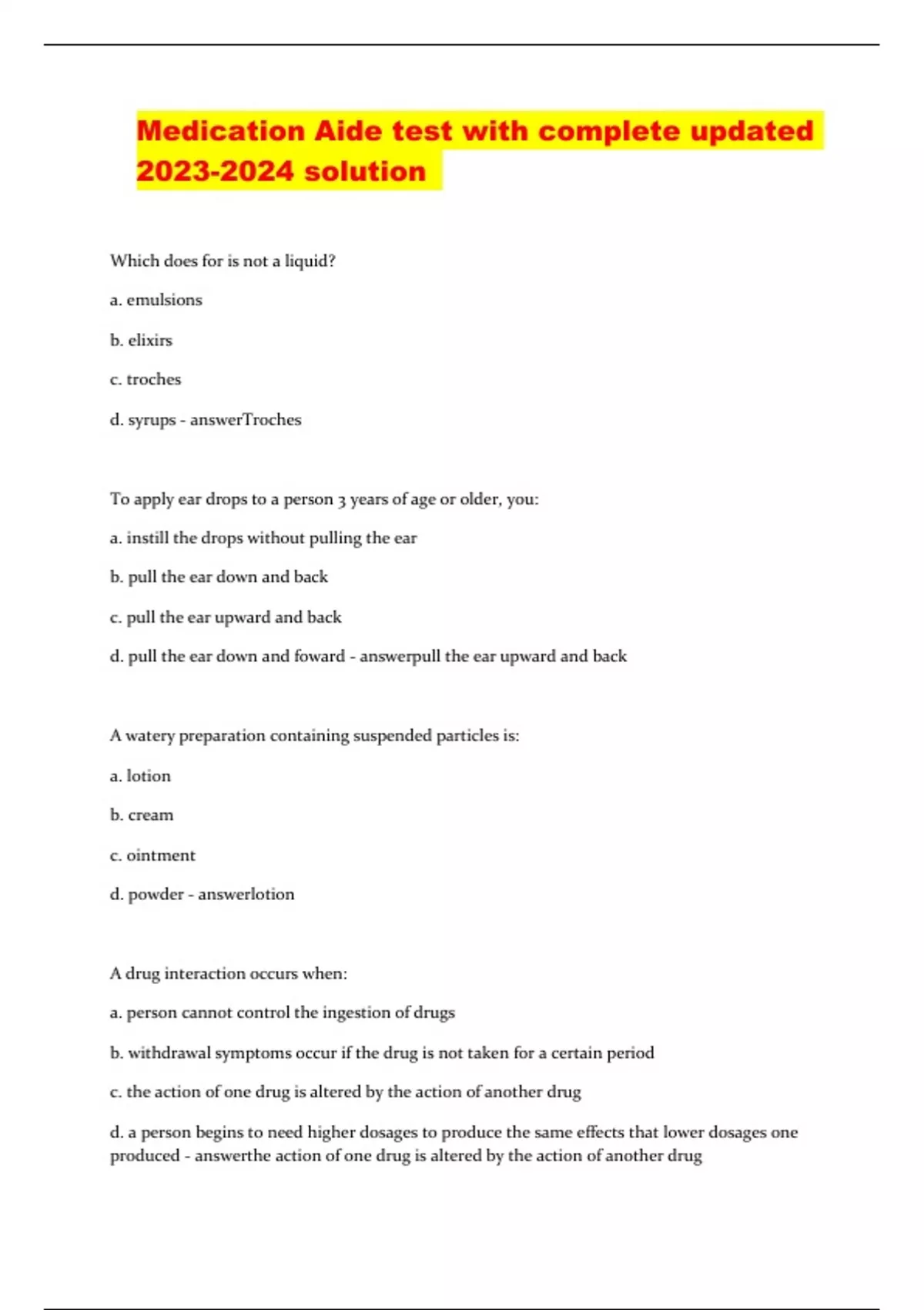 Medication Aide test with complete updated solution Qualified