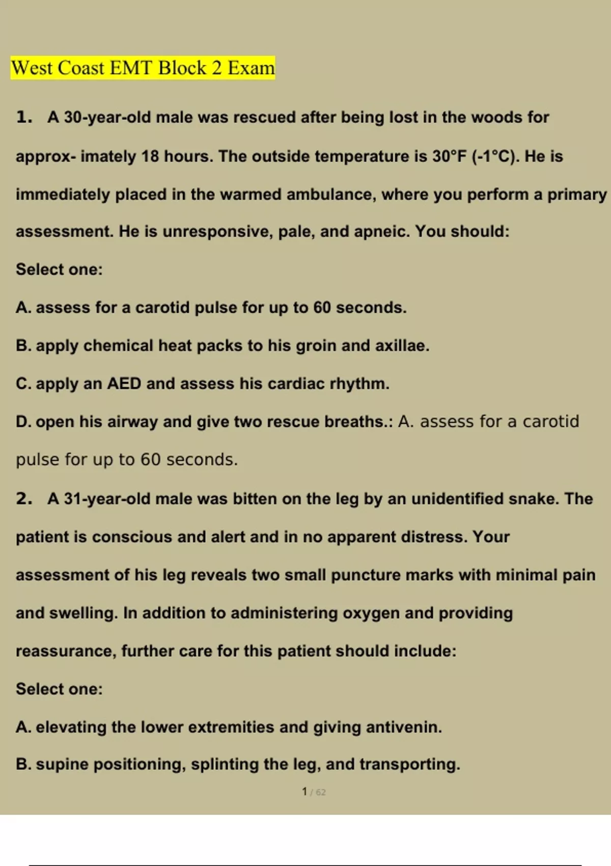 West Coast EMT Final Exam BUNDLE West Coast EMT Block 1 4 Exam