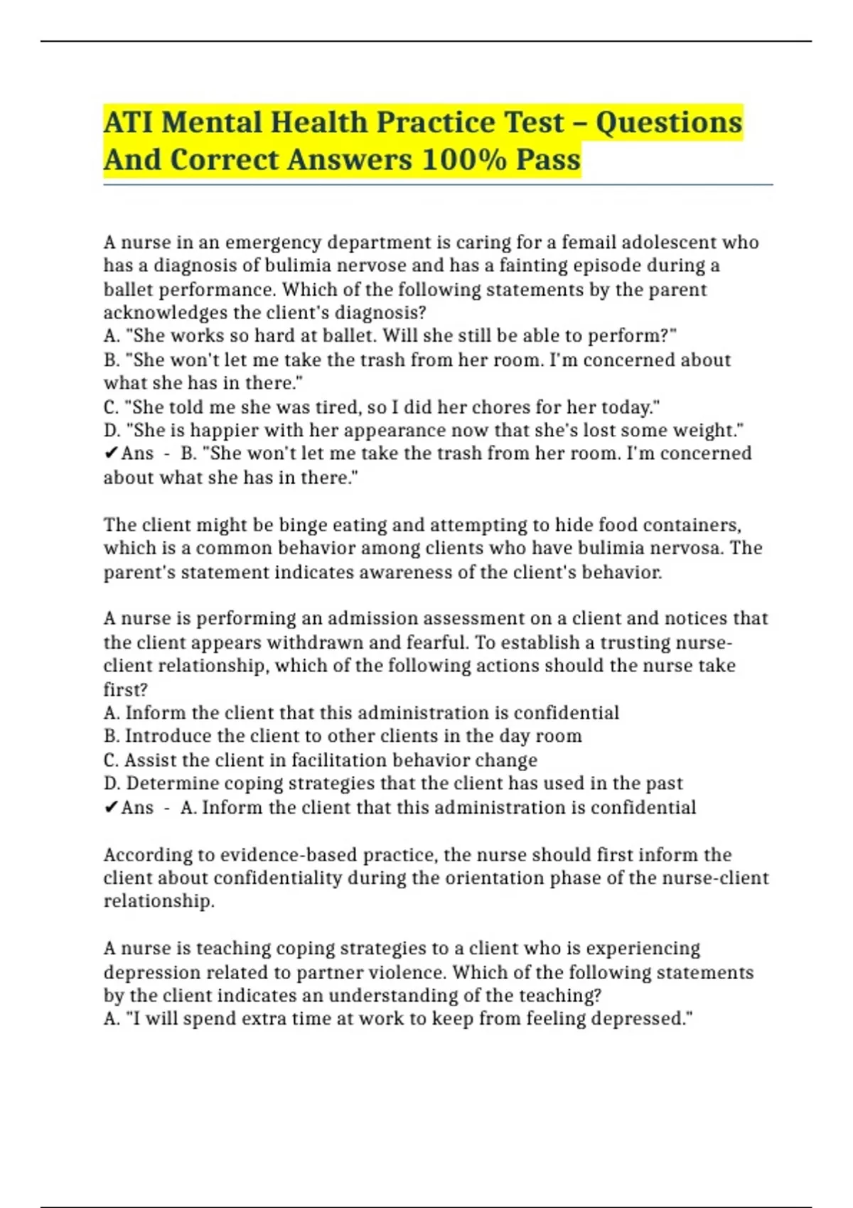 ATI Mental Health Practice Test Questions And Correct Answers 100