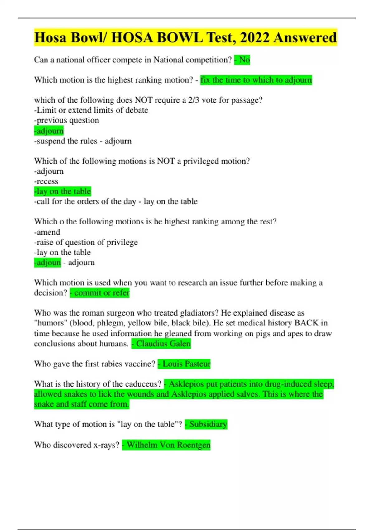 Hosa Bowl/ HOSA BOWL Test ,2022/2023 Test Questions Answered 100 Passed Hosa Bowl/ HOSA BOWL